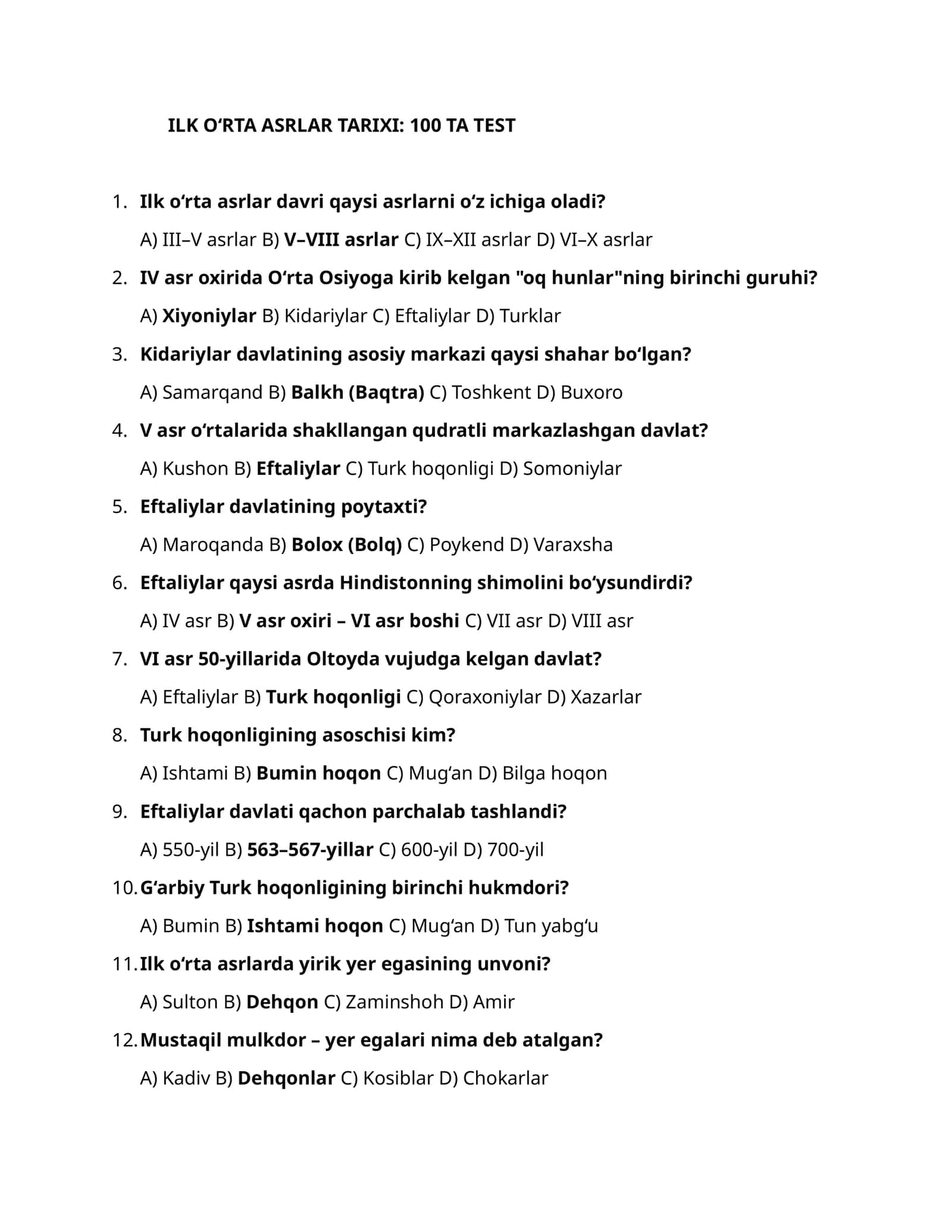 ILK O‘RTA ASRLAR TARIXI: 100 TA TEST 1