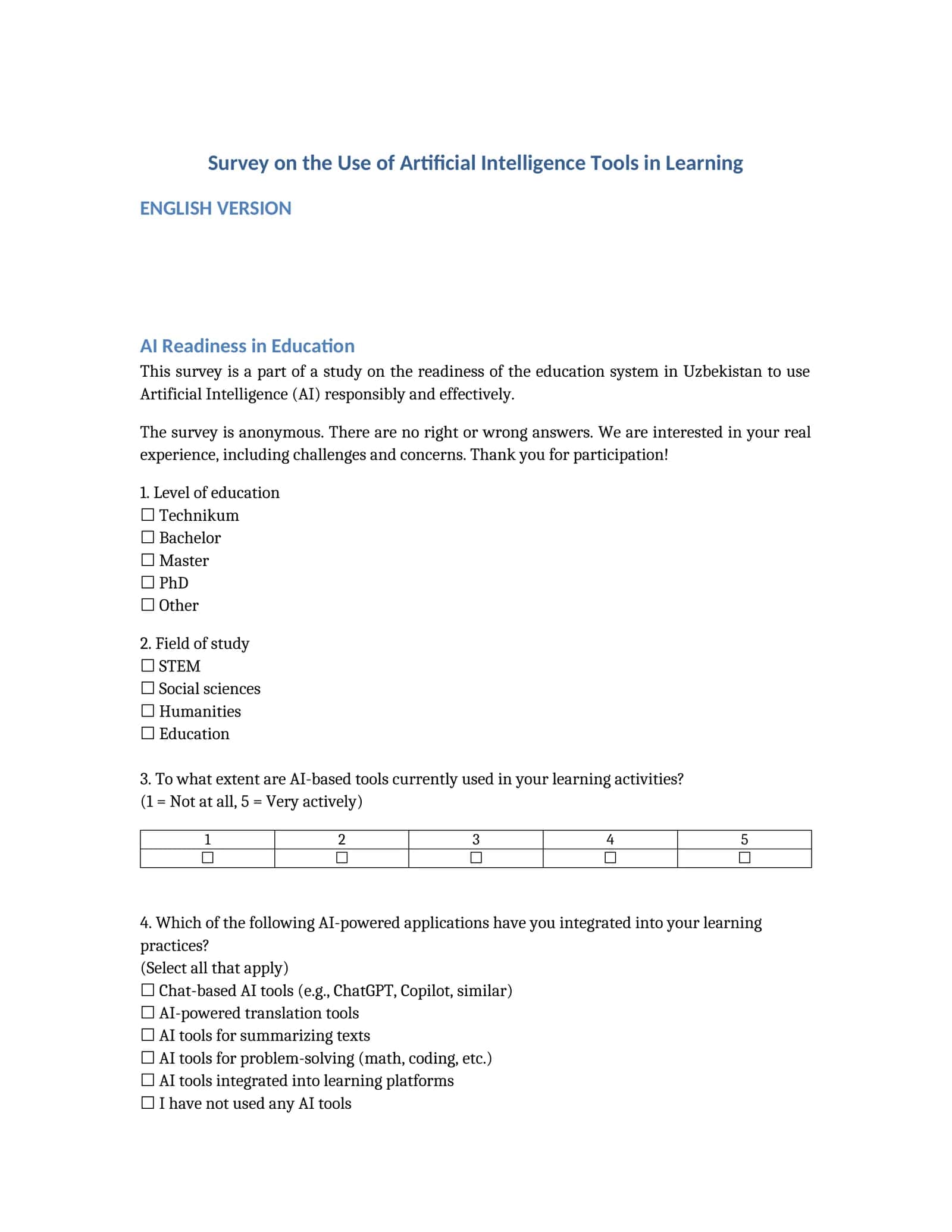 Survey on the Use of Artificial Intelligence Tools in Learning 1