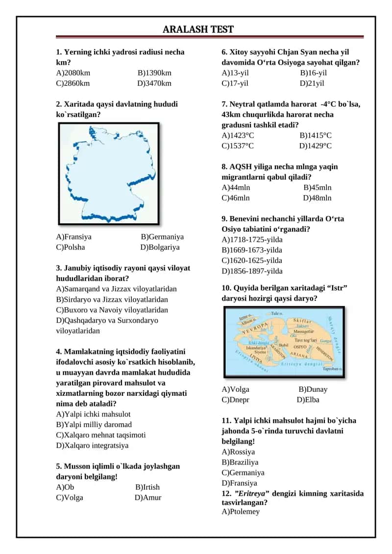 Geografiya fanidan aralash test 1