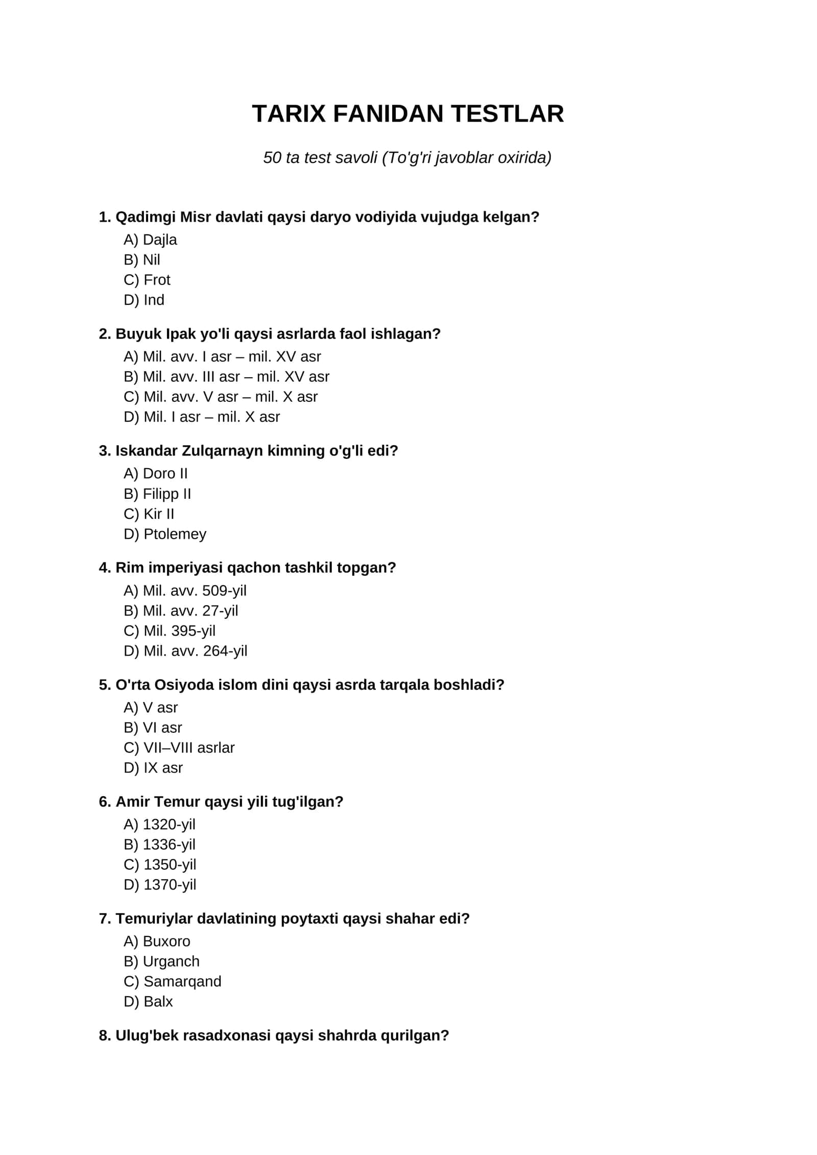 TARIX FANIDAN TESTLAR 1