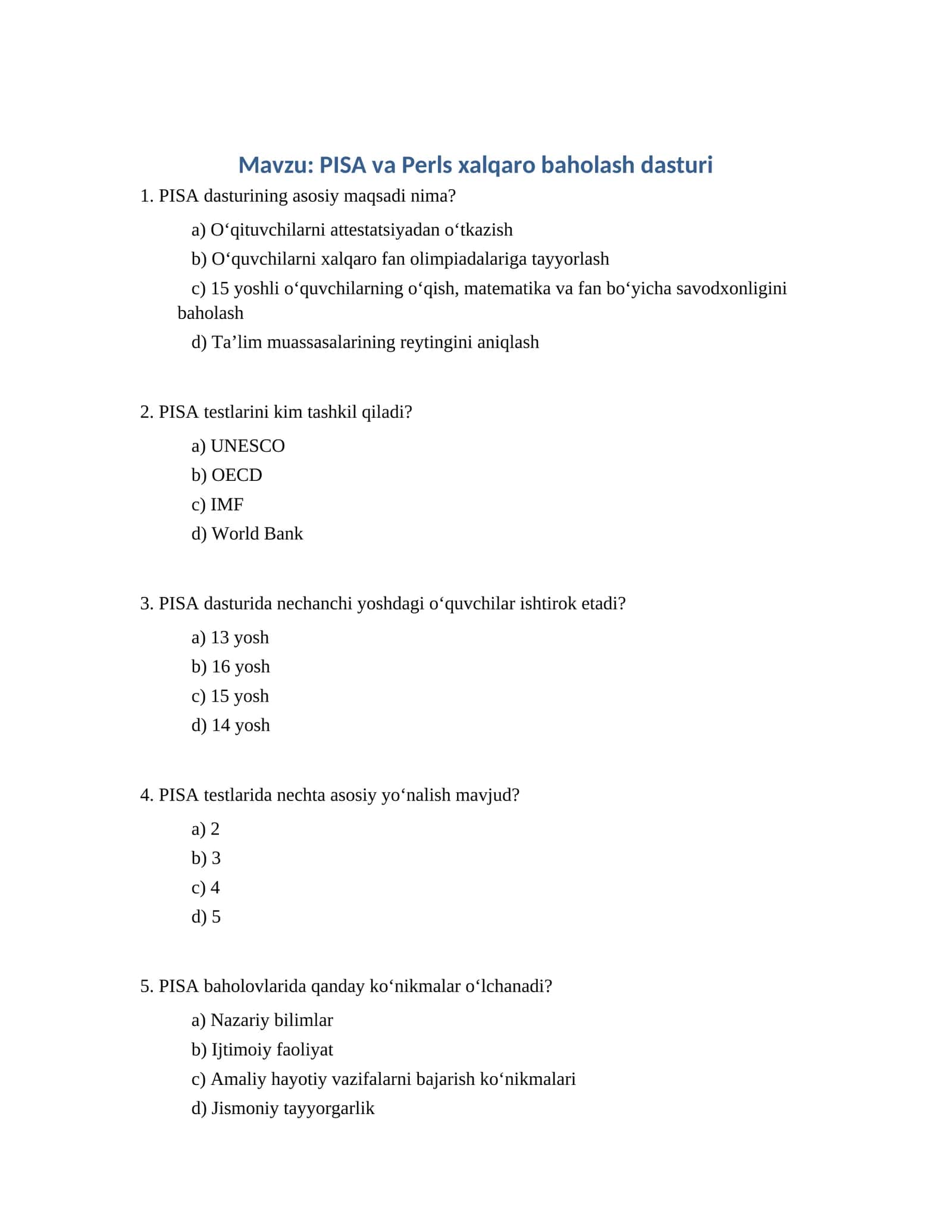 PISA va Perls xalqaro baholash dasturi 1