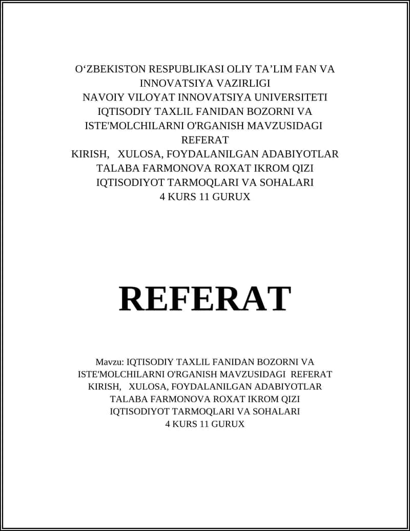 IQTISODIY TAXLIL FANIDAN BOZORNI VA ISTE'MOLCHILARNI O'RGANISH MAVZUSIDAGI REFERAT 1