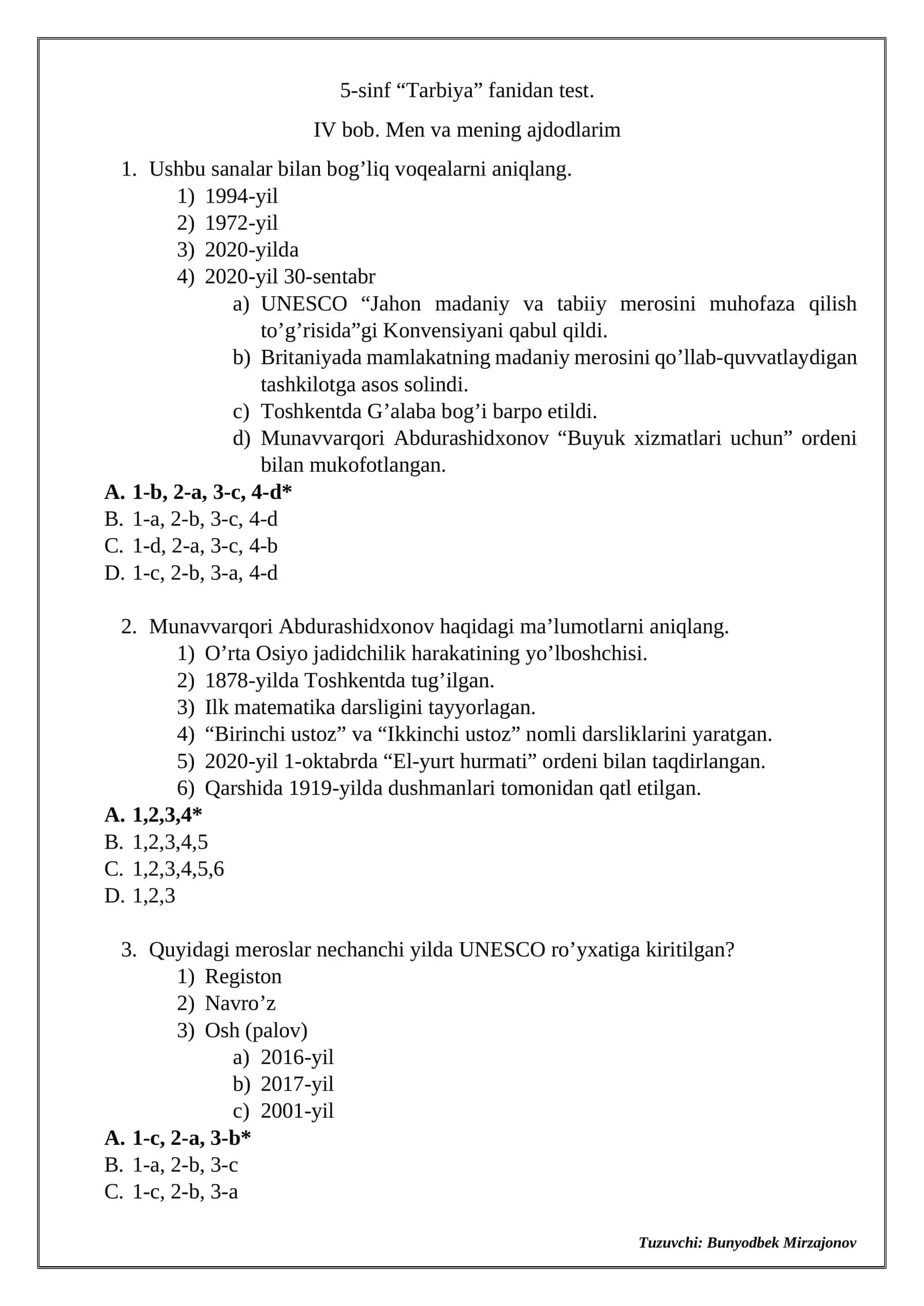 5-sinf “Tarbiya” fanidan test 1