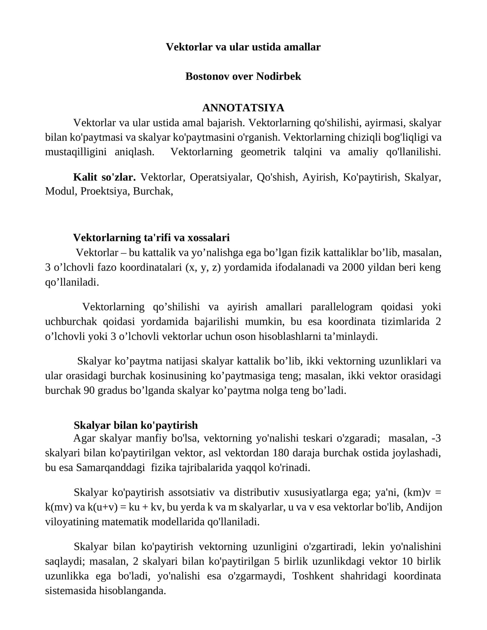 Vektorlar va ular ustida amallar 1