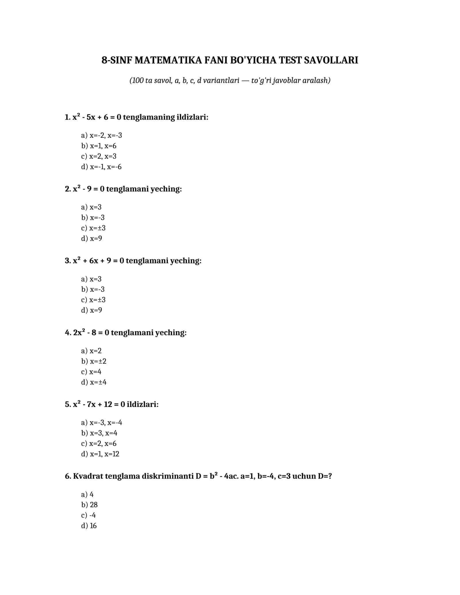 8-SINF MATEMATIKA FANI BO'YICHA TEST SAVOLLARI 1