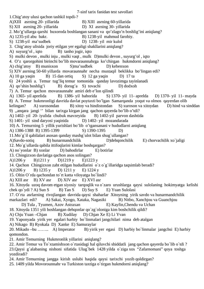7-sinf tarix fanidan test savollari 1