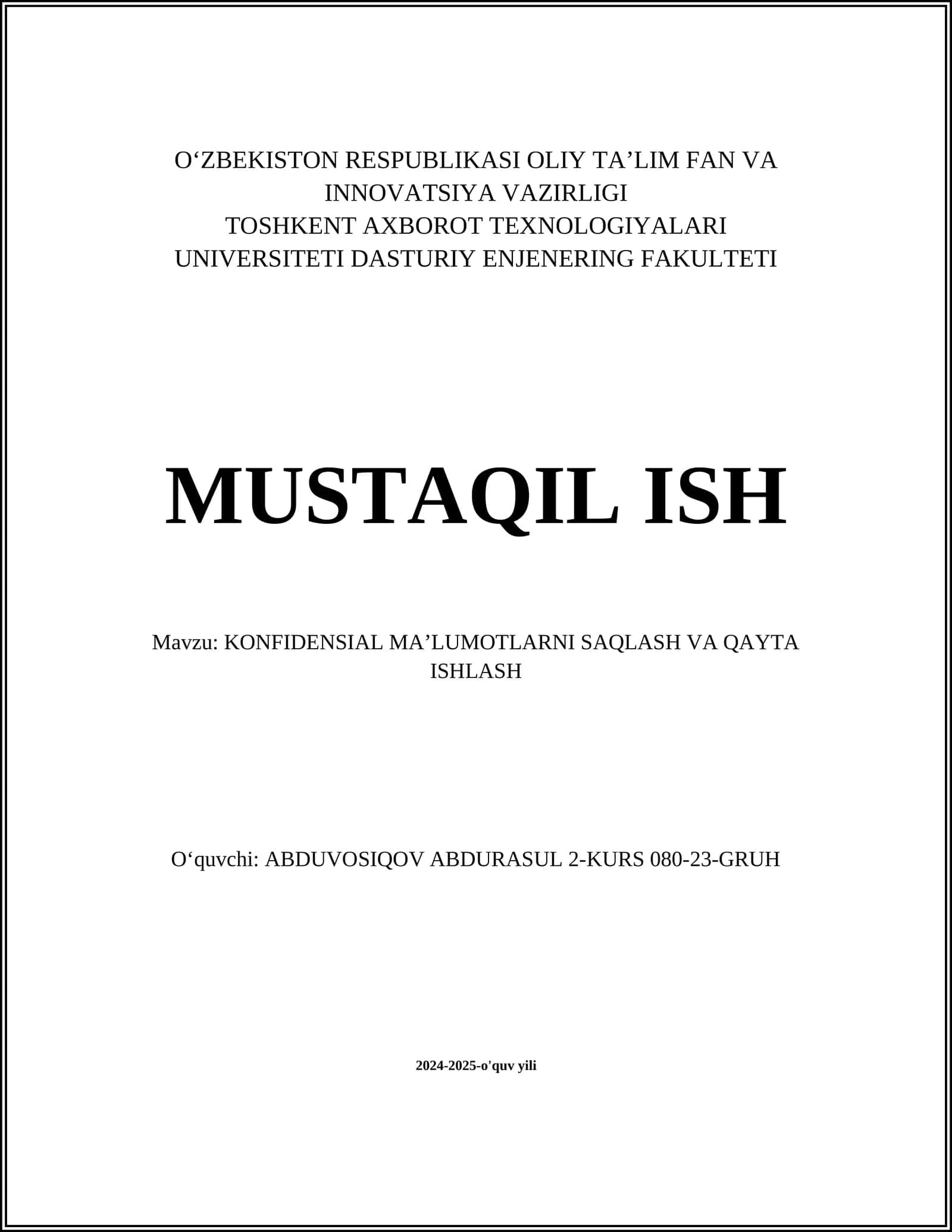 KONFIDENSIAL MA’LUMOTLARNI SAQLASH VA QAYTA ISHLASH 1
