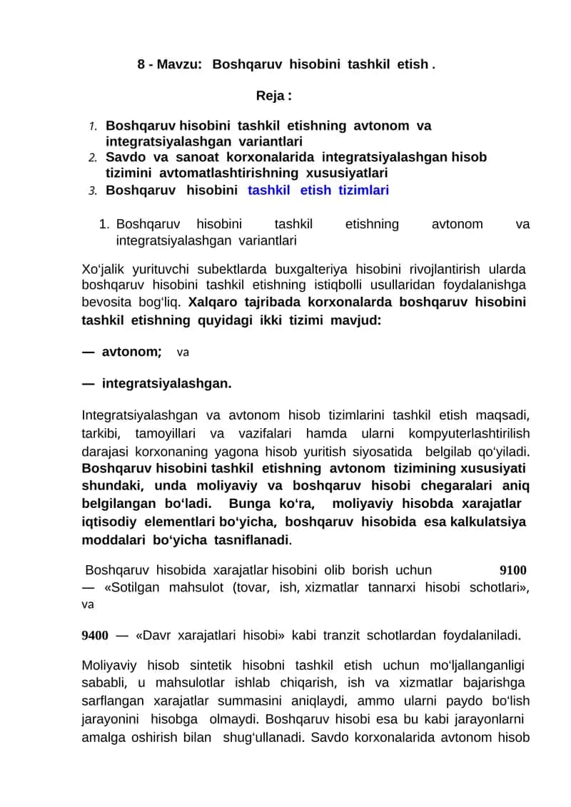 Boshqaruv hisobini tashkil etish 1