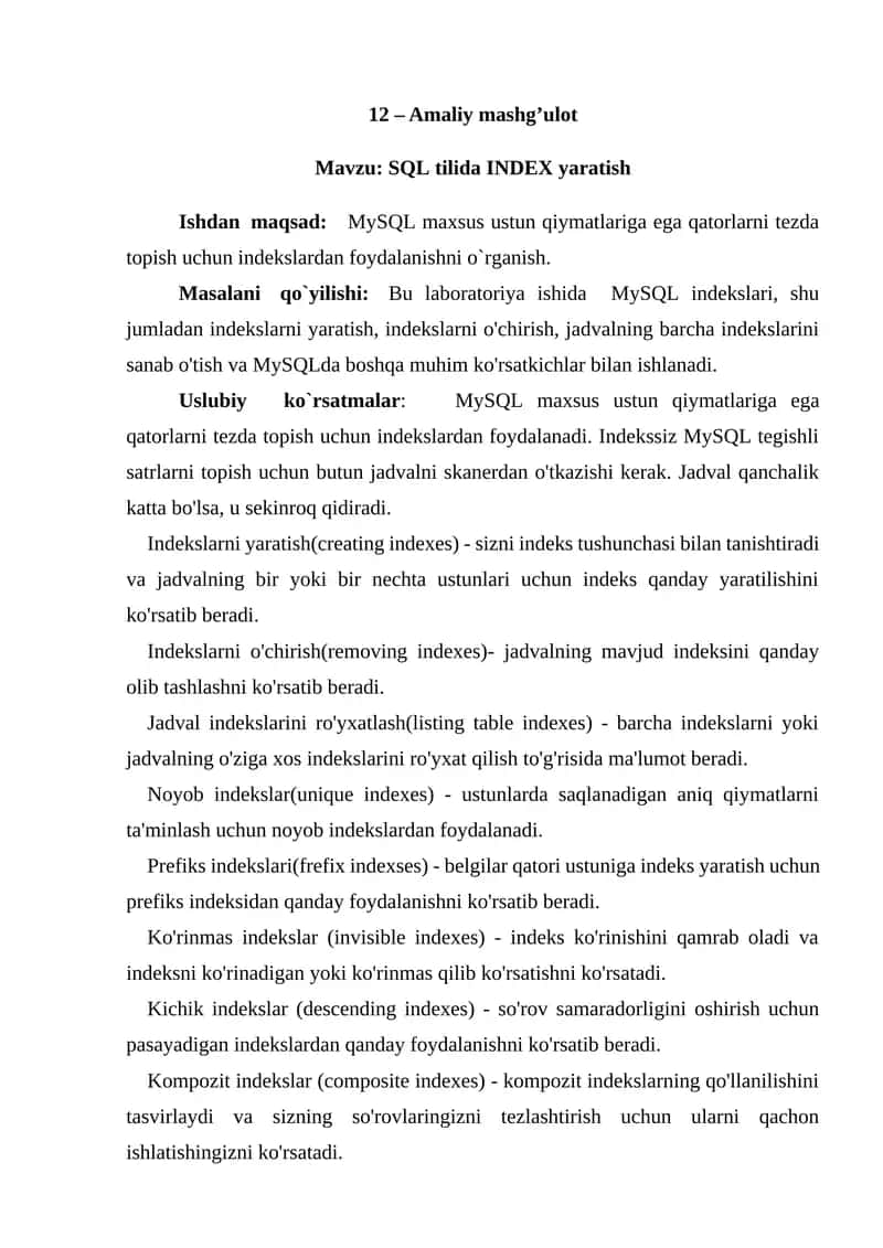 SQL tilida INDEX yaratish 1