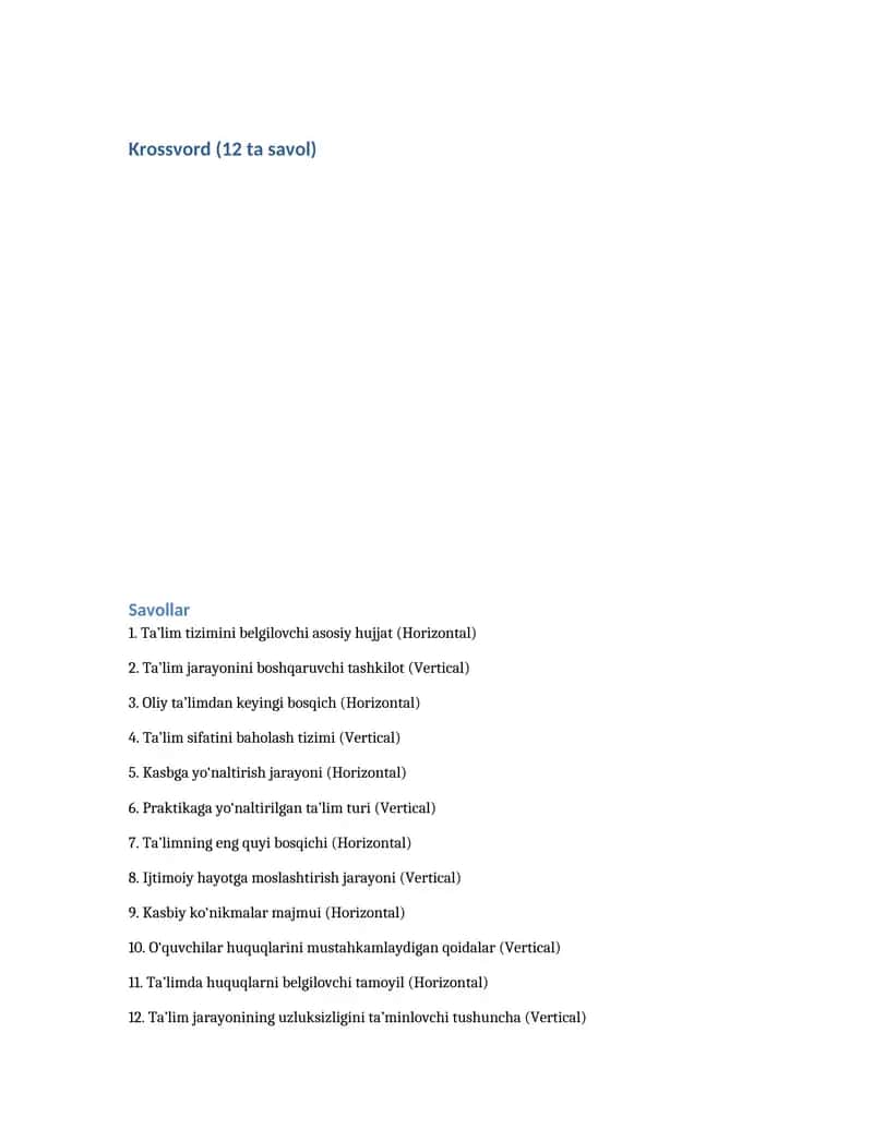 Krossvord (12 ta savol) 1