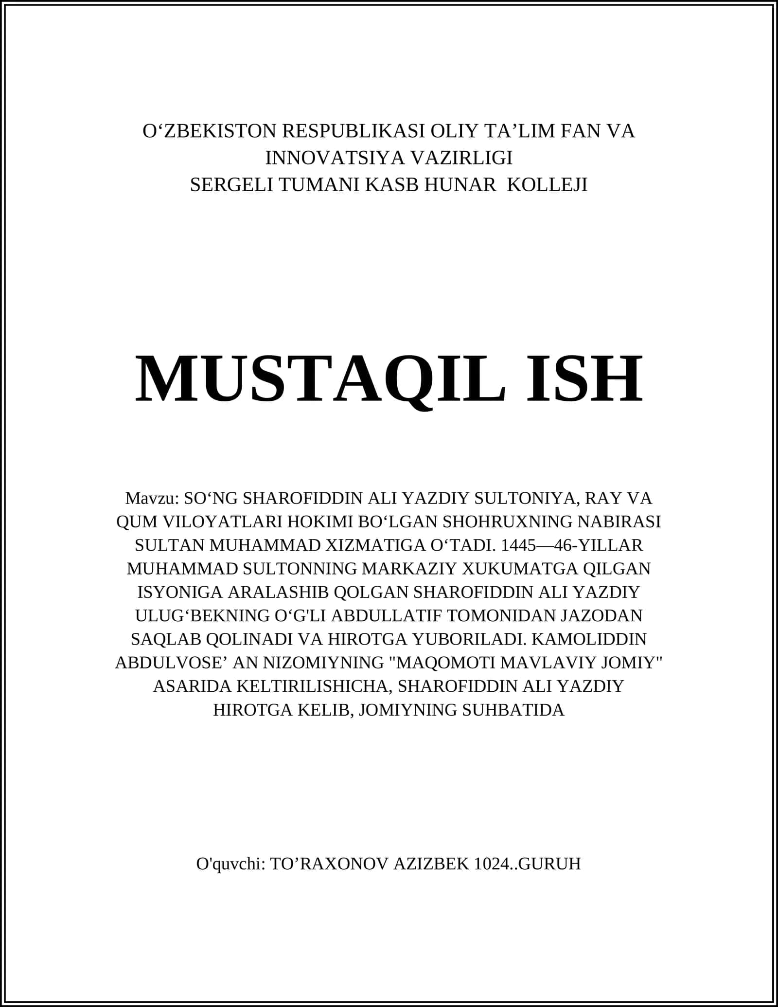 Sharofiddin Ali Yazdiy hayoti 1