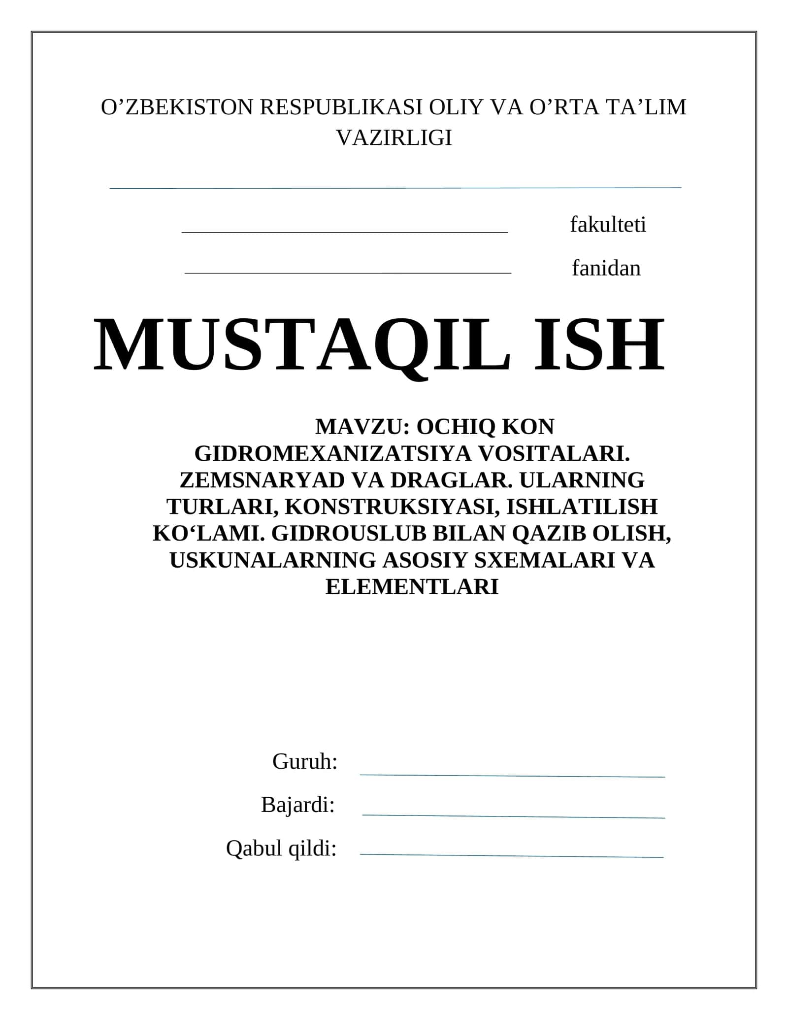 MAVZU: OCHIQ KON GIDROMEXANIZATSIYA VOSITALARI. ZEMSNARYAD VA DRAGLAR. ULARNING TURLARI, KONSTRUKSIYASI, ISHLATILISH KO‘LAMI. GIDROUSLUB BILAN QAZIB OLISH, USKUNALARNING ASOSIY SXEMALARI VA ELEMENTLARI 1