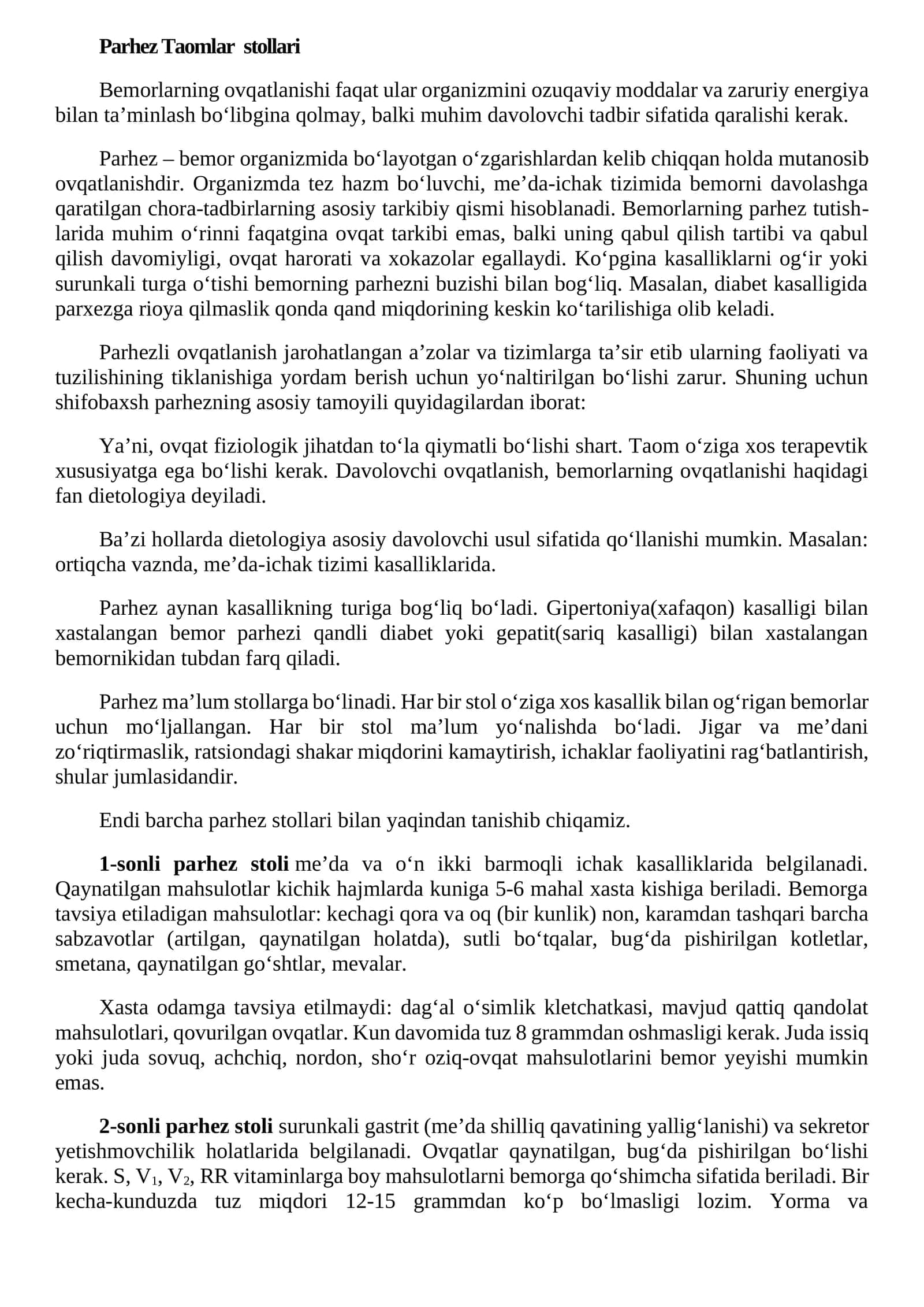 Parhez Taomlar stollari 1