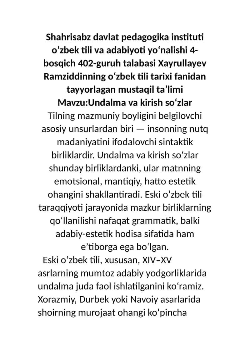 Undalma va kirish soʻzlar 1