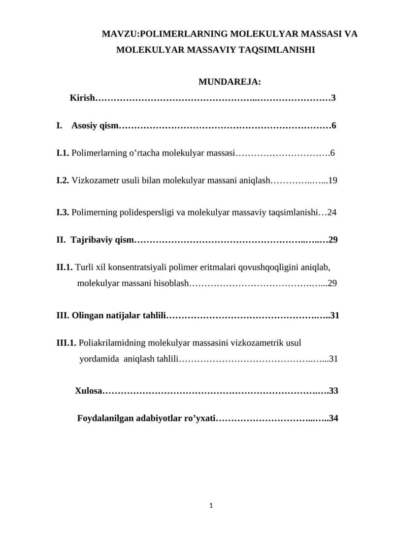 POLIMERLARNING MOLEKULYAR MASSASI VA MOLEKULYAR MASSAVIY TAQSIMLANISHI 1