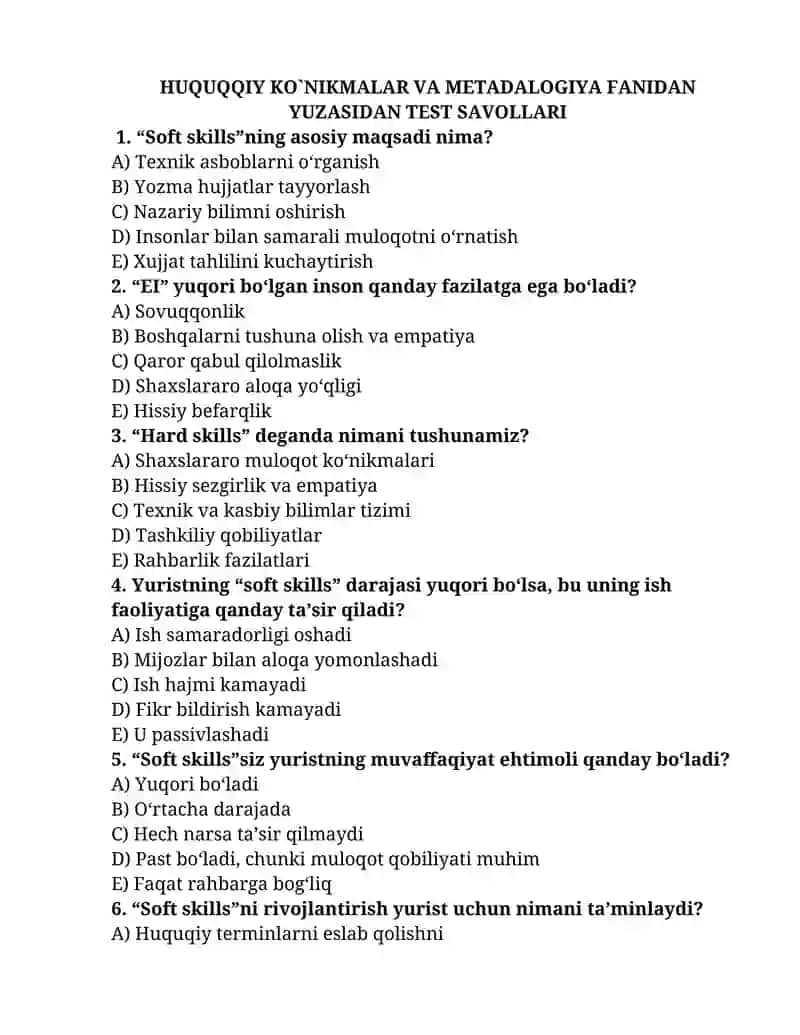 HUQUQQIY KO`NIKMALAR VA METADALOGIYA FANIDAN YUZASIDAN TEST SAVOLLARI
