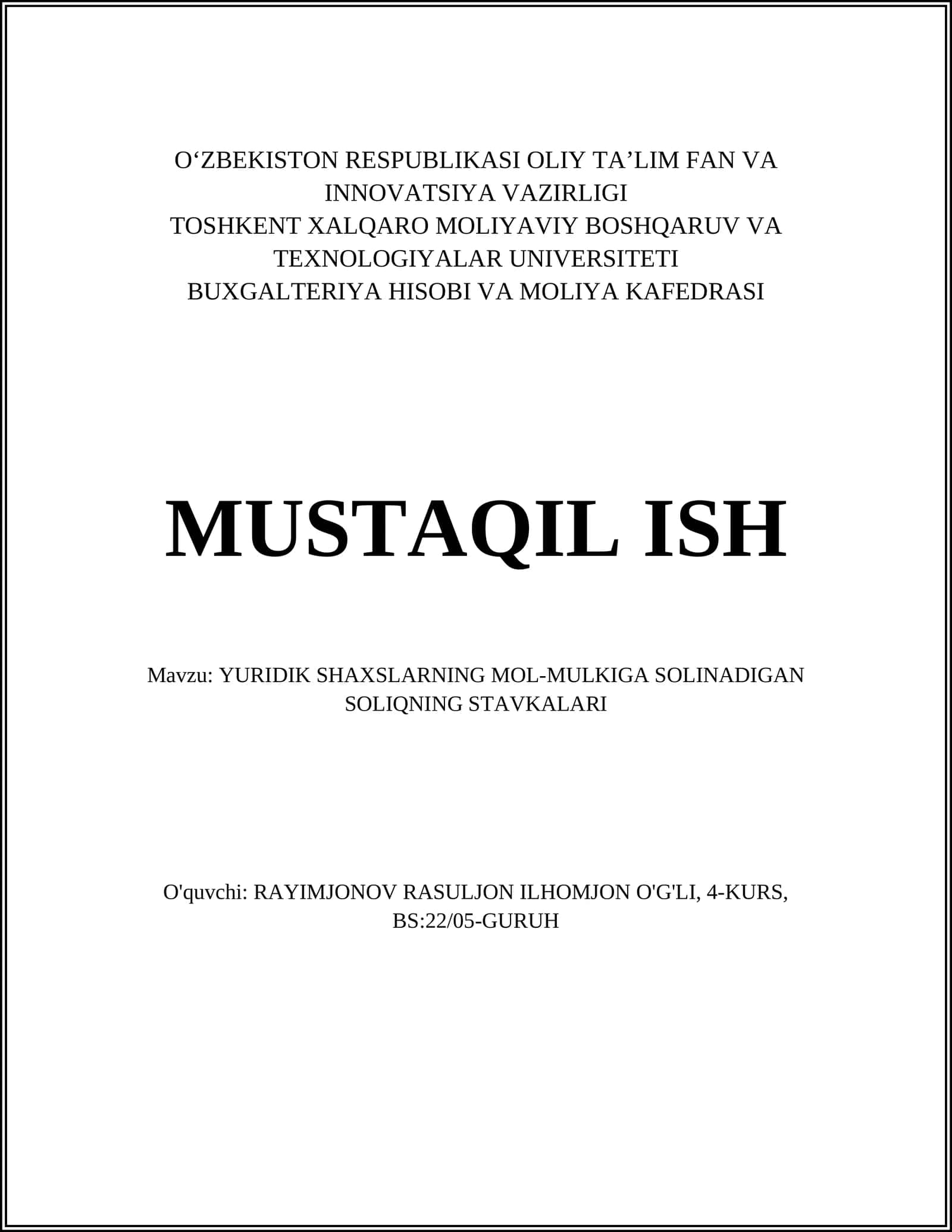 YURIDIK SHAXSLARNING MOL-MULKIGA SOLINADIGAN SOLIQNING STAVKALARI 1