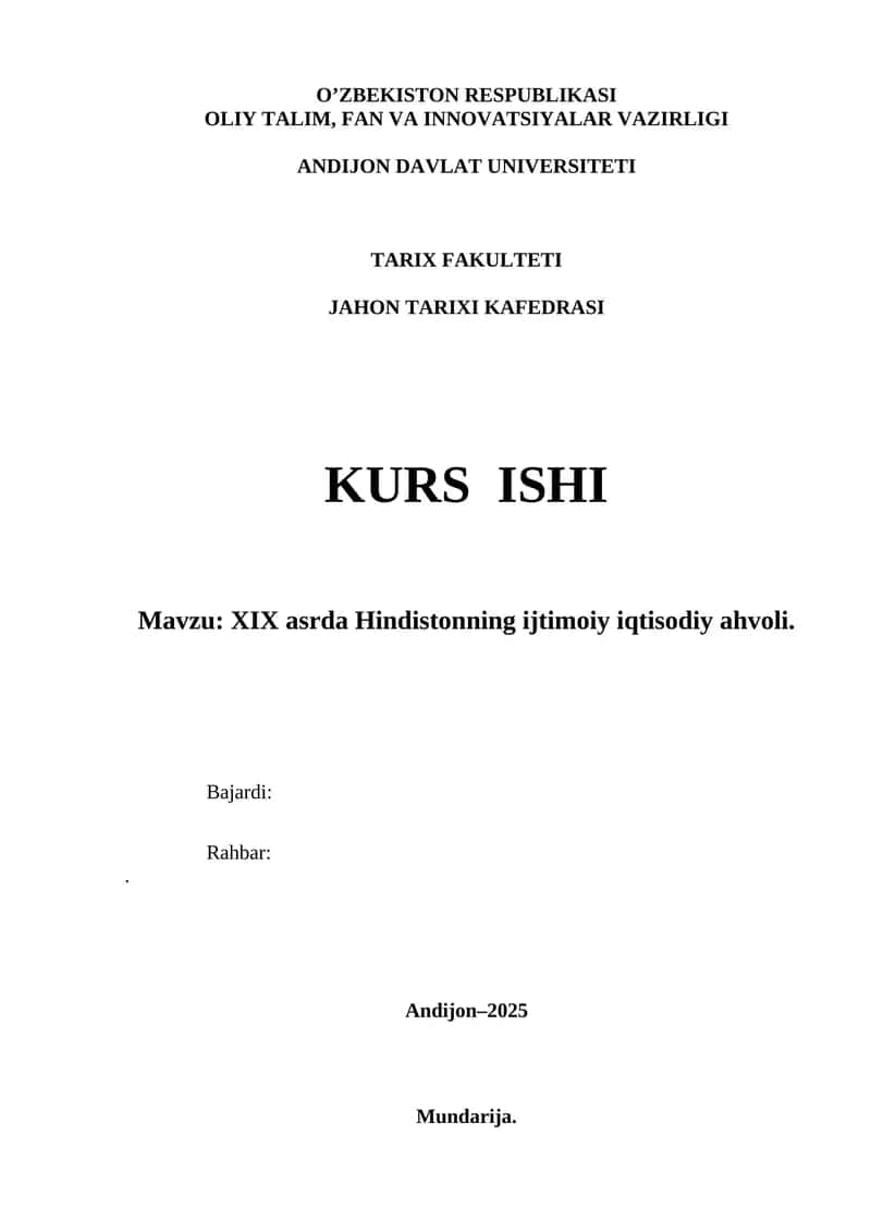 XIX asrda Hindistonning ijtimoiy iqtisodiy ahvoli 1