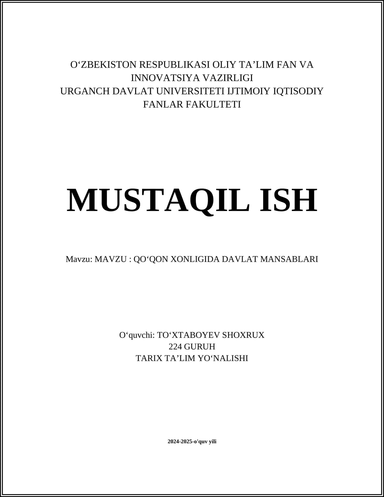 QOʻQON XONLIGIDA DAVLAT MANSABLARI 1