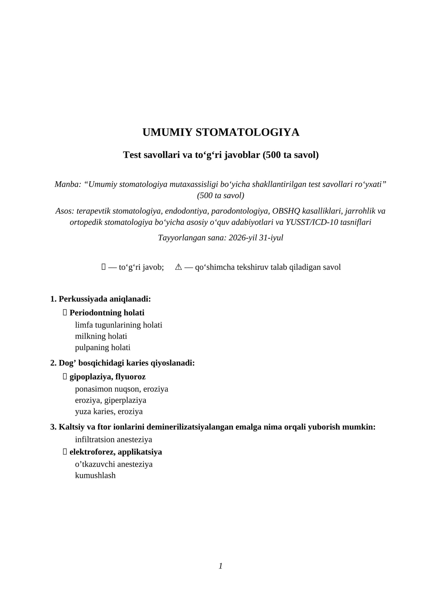 Umumiy stomatologiya 500 ta test javoblari — Attestatsiya va Nostrifikatsiya 2026 1