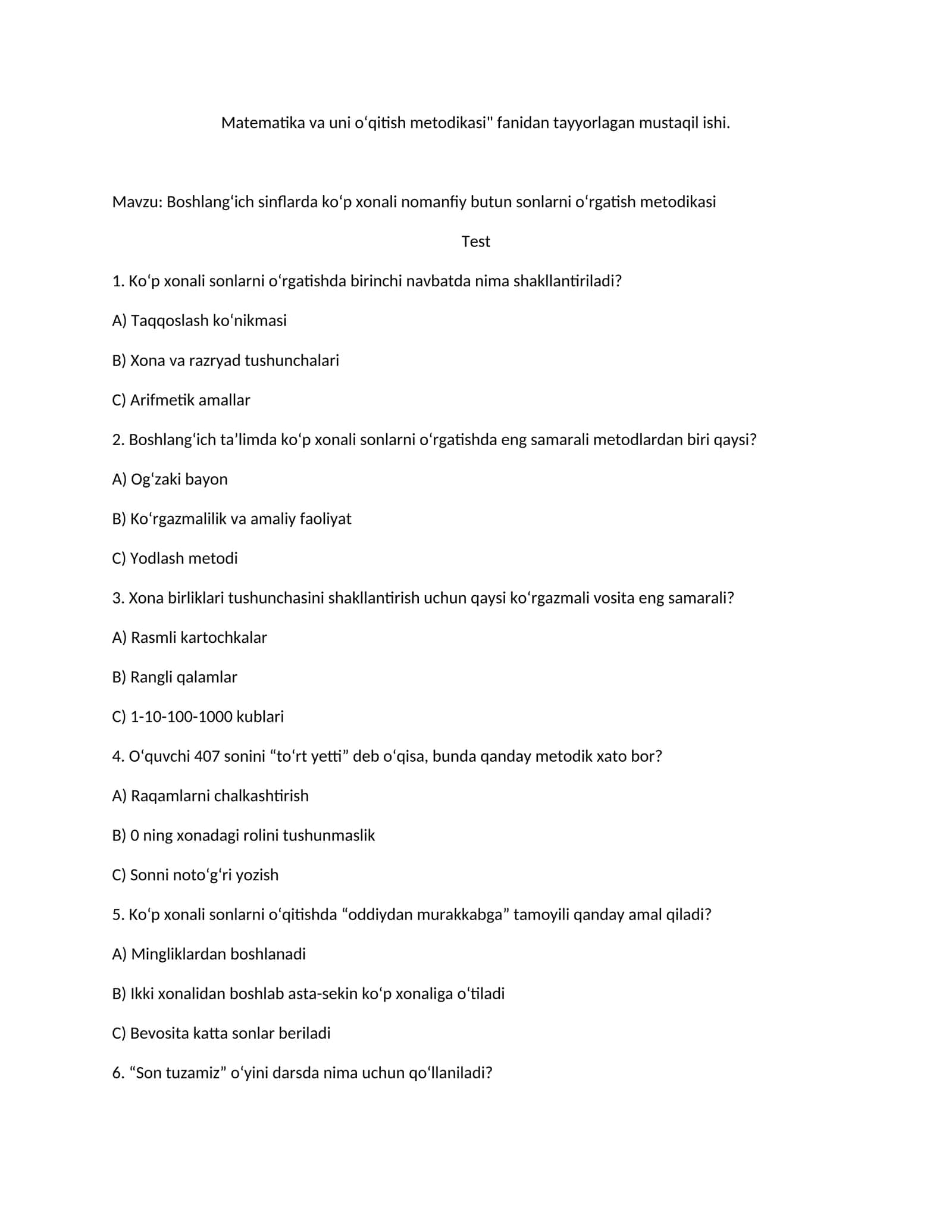 Matematika va uni o‘qitish metodikasi 1
