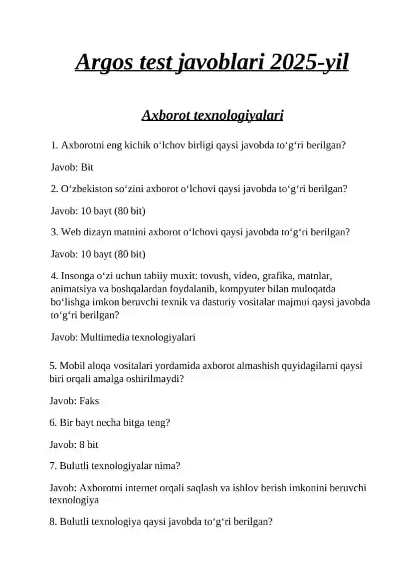 yangisi 2025 ArgosS test savol javobi bilan