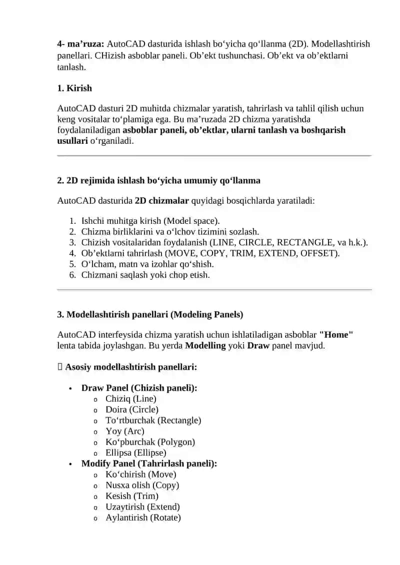 AutoCAD dasturida ishlash bo‘yicha qo‘llanma (2D)