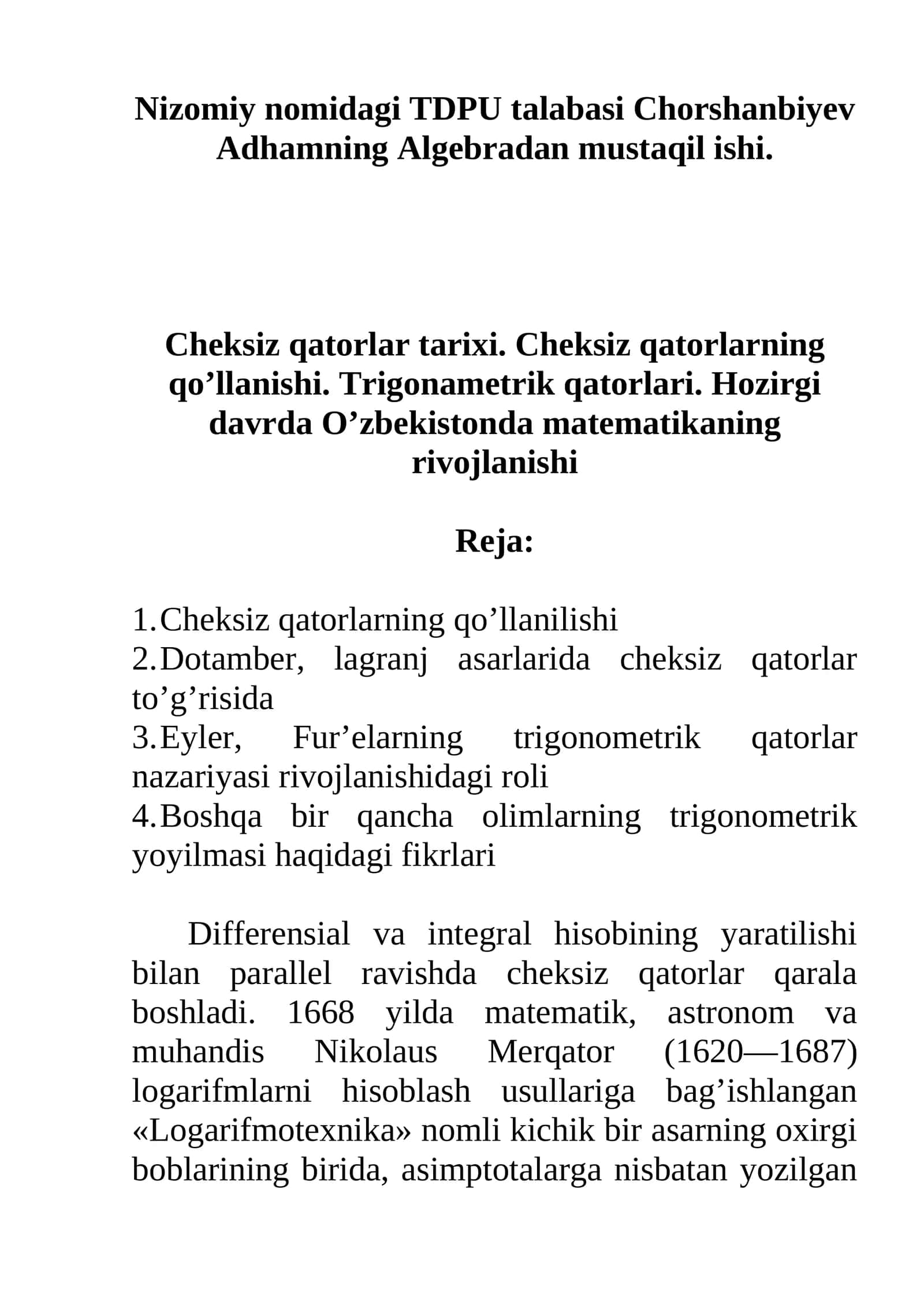 Algebradan mustaqil ish 1