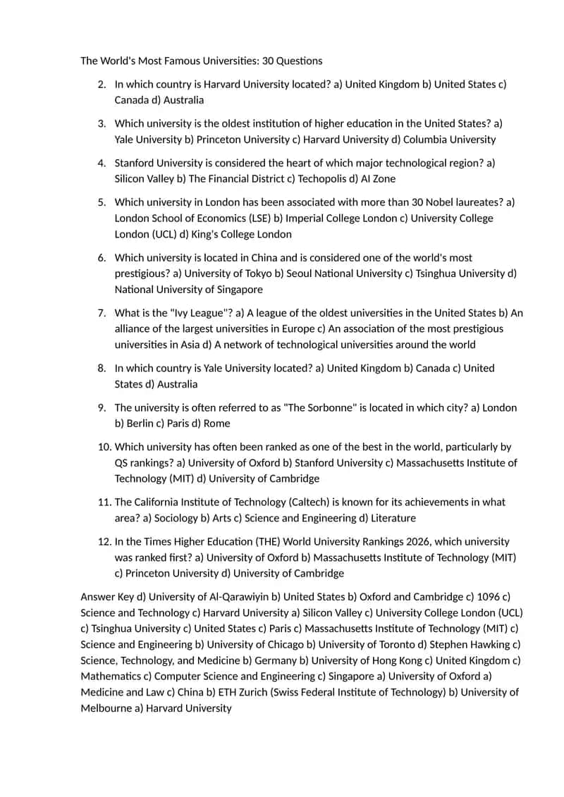 The World's Most Famous Universities: 30 Questions 1