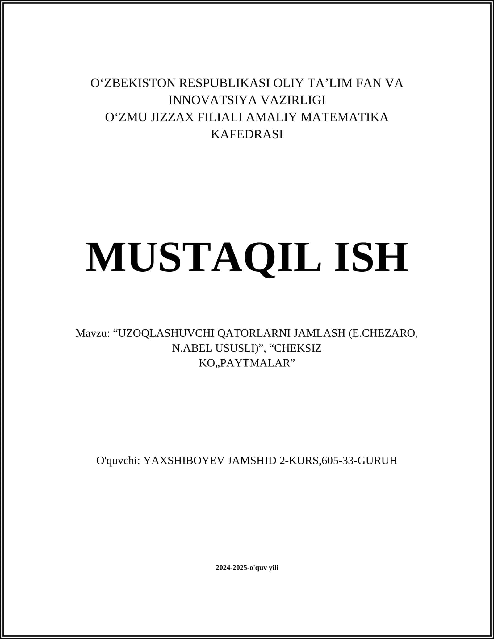 Uzoqlashuvchi qatorlarni jamlash 1