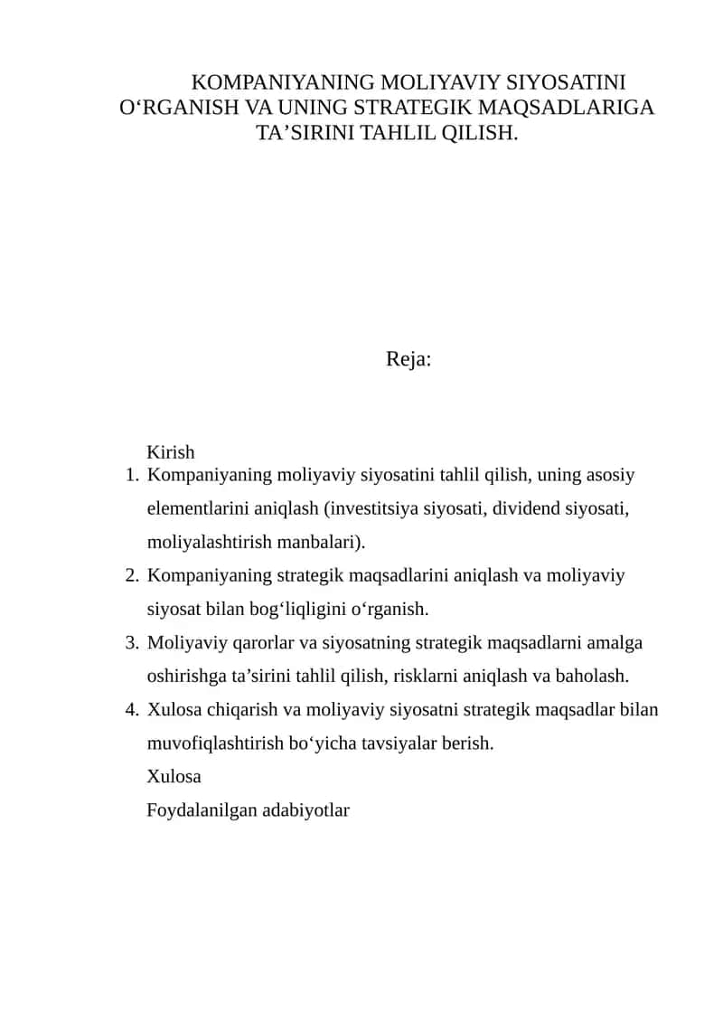 Kompaniyaning moliyaviy siyosati 1