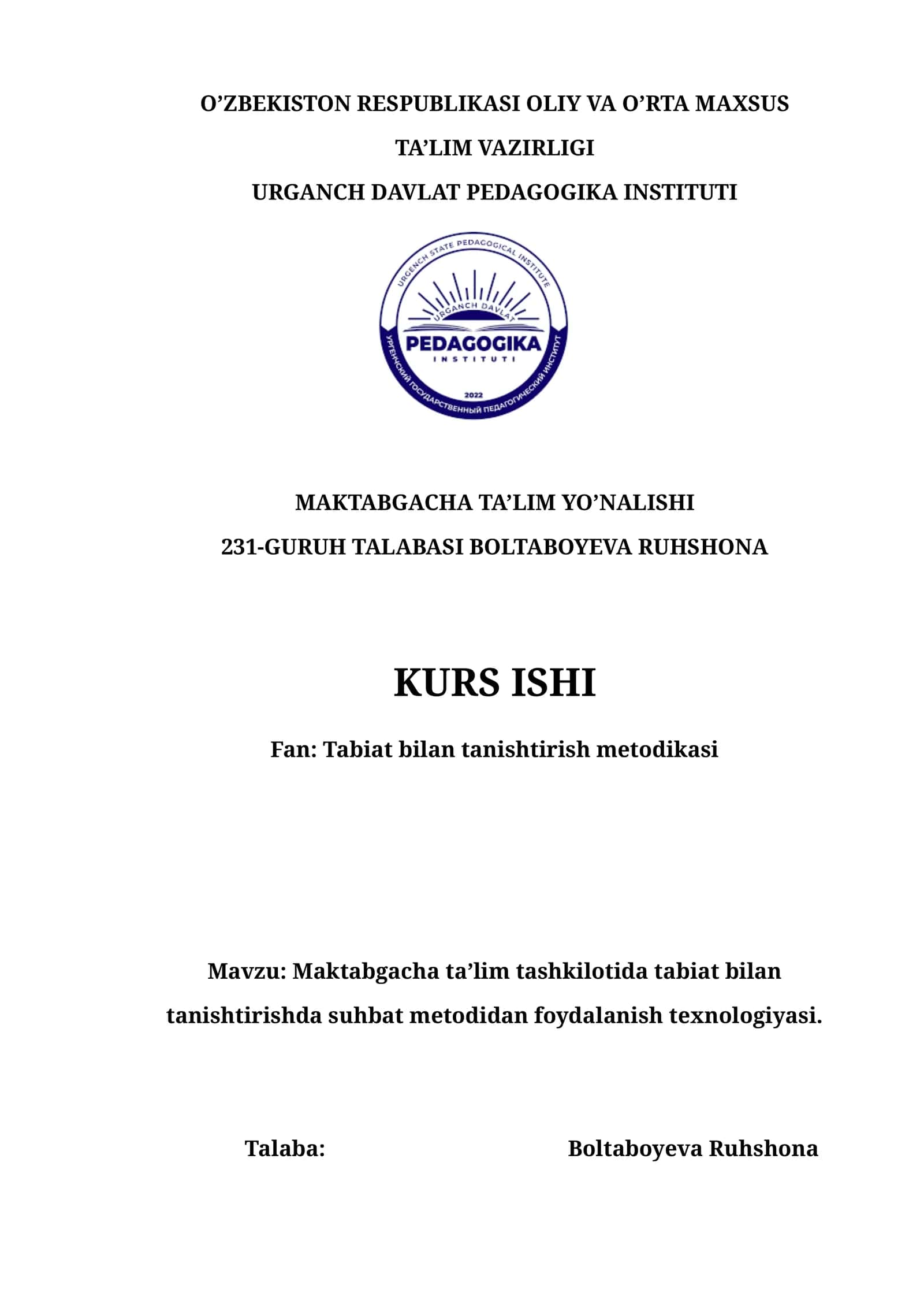 Maktabgacha taʼlim tashkilotida tabiat bilan tanishtirishda suhbat metodidan foydalanish texnologiyasi. 1
