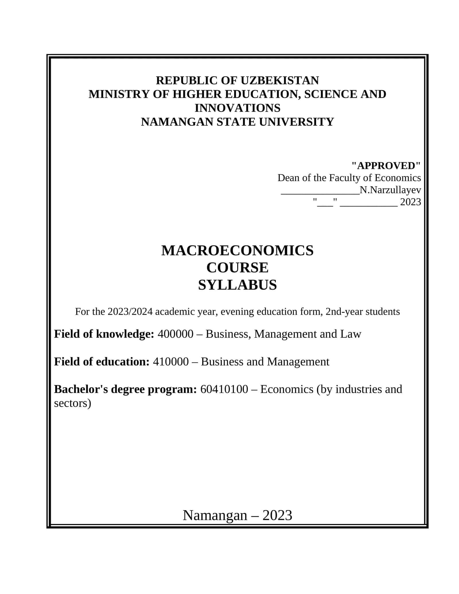 MACROECONOMICS COURSE SYLLABUS 1