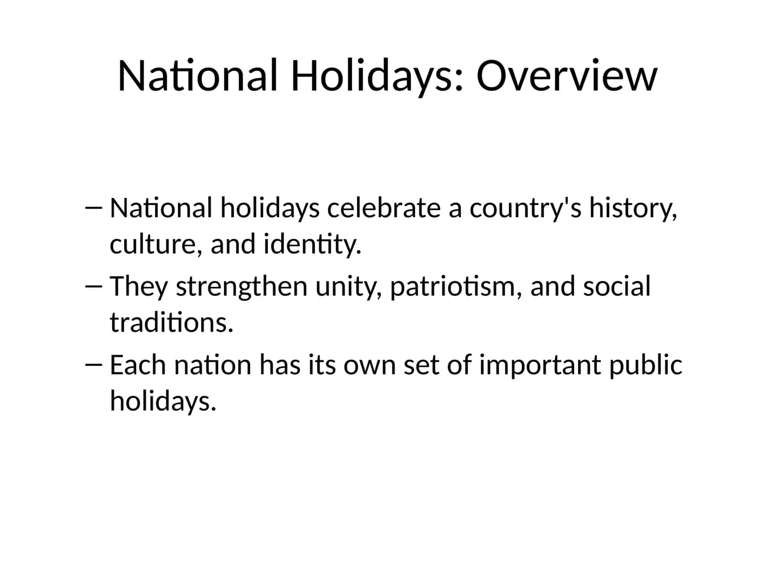 National Holidays: Overview 1