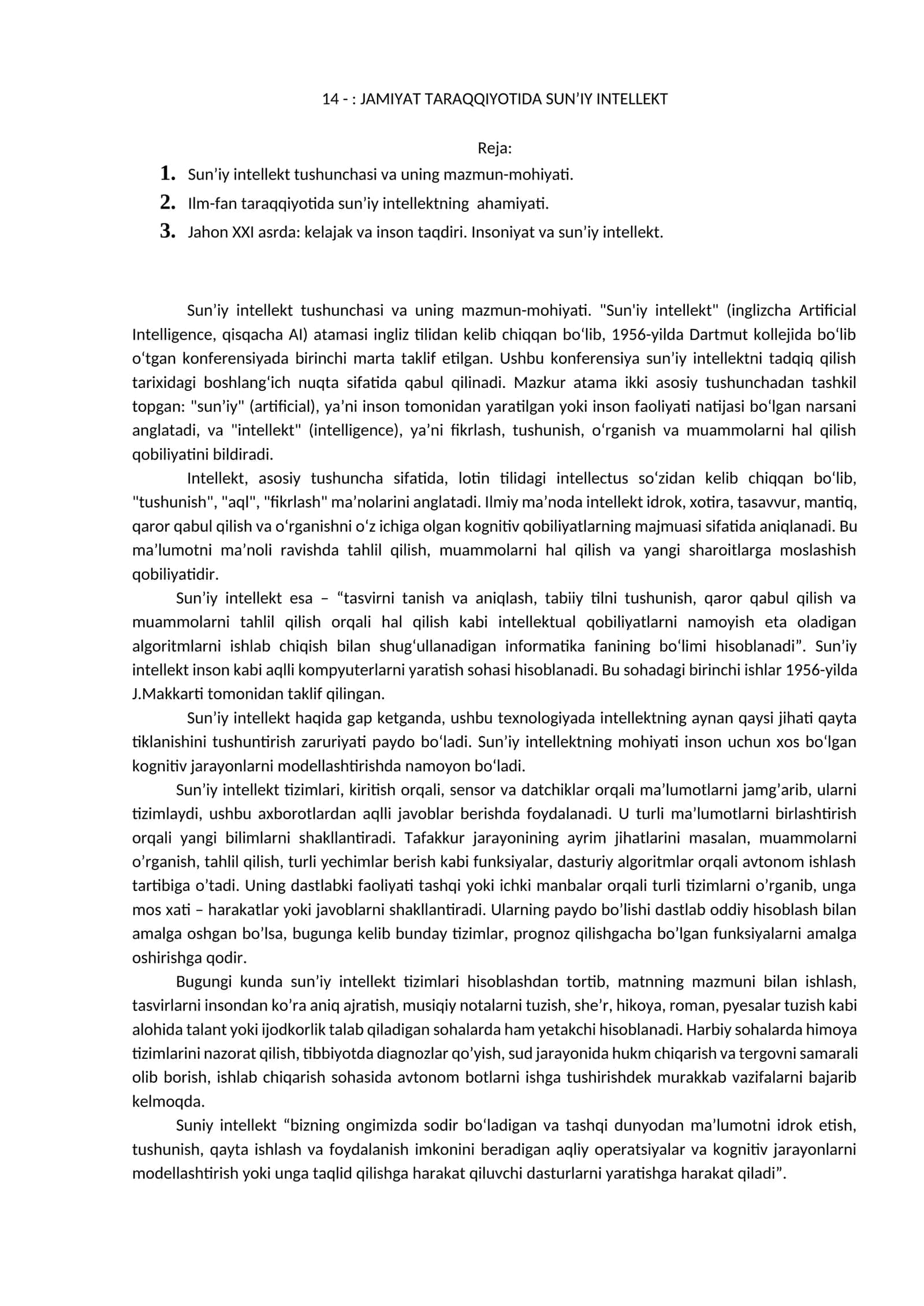 Sun’iy intellekt tushunchasi va uning mazmun-mohiyati 1