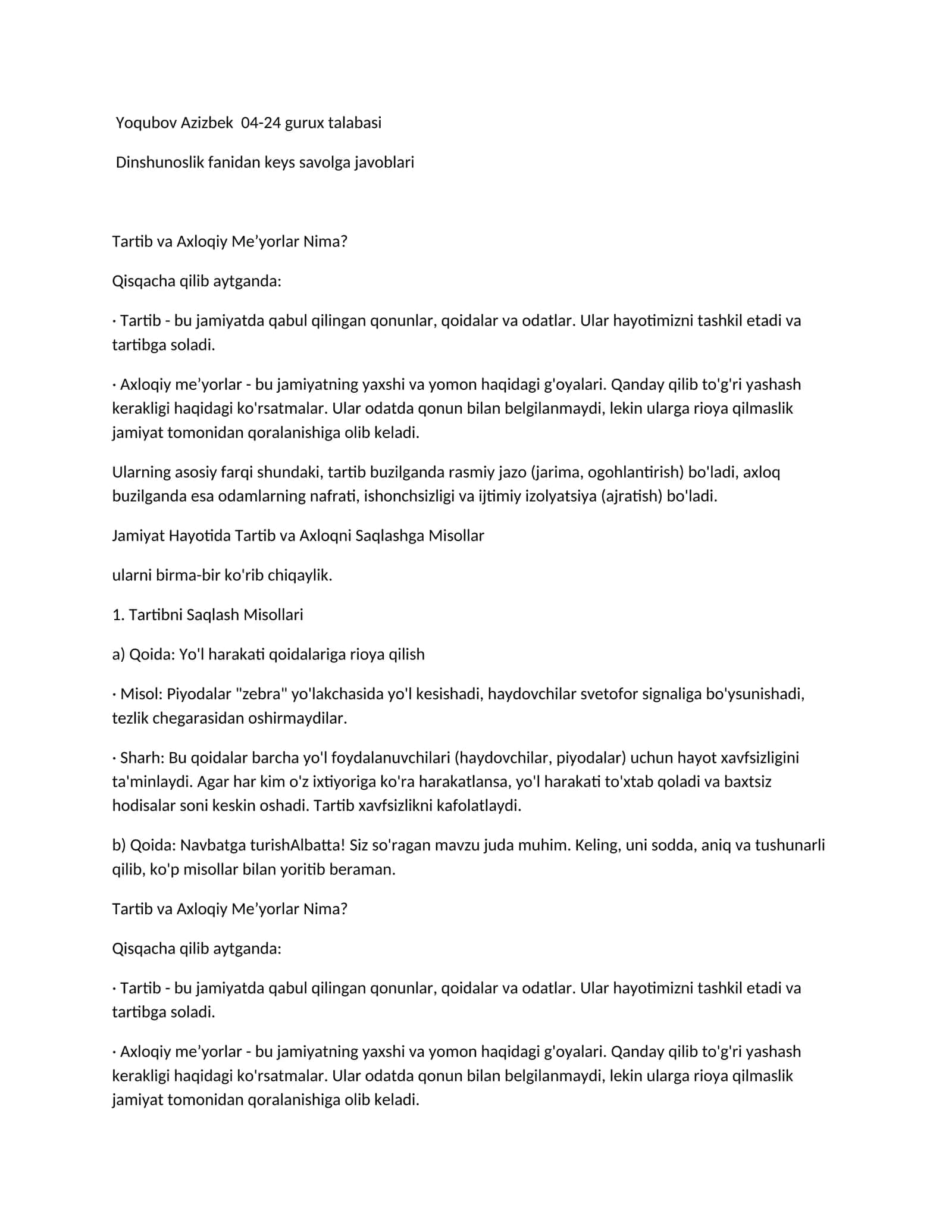 Dinshunoslik fanidan keys savolga javoblari 1