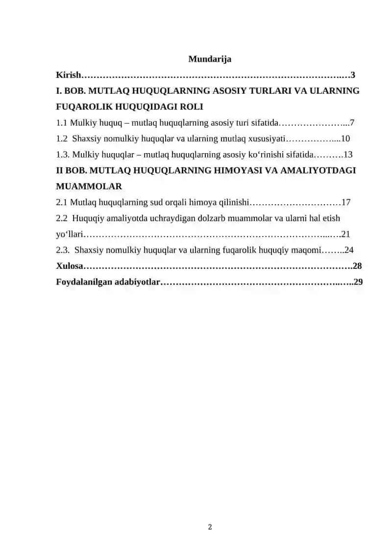 FUQAROLIK HUQUQIDA MUTLAQ HUQUQLAR TUSHUNCHASI VA ULARNING OʻZIGA XOS XUSUSIYATLARI