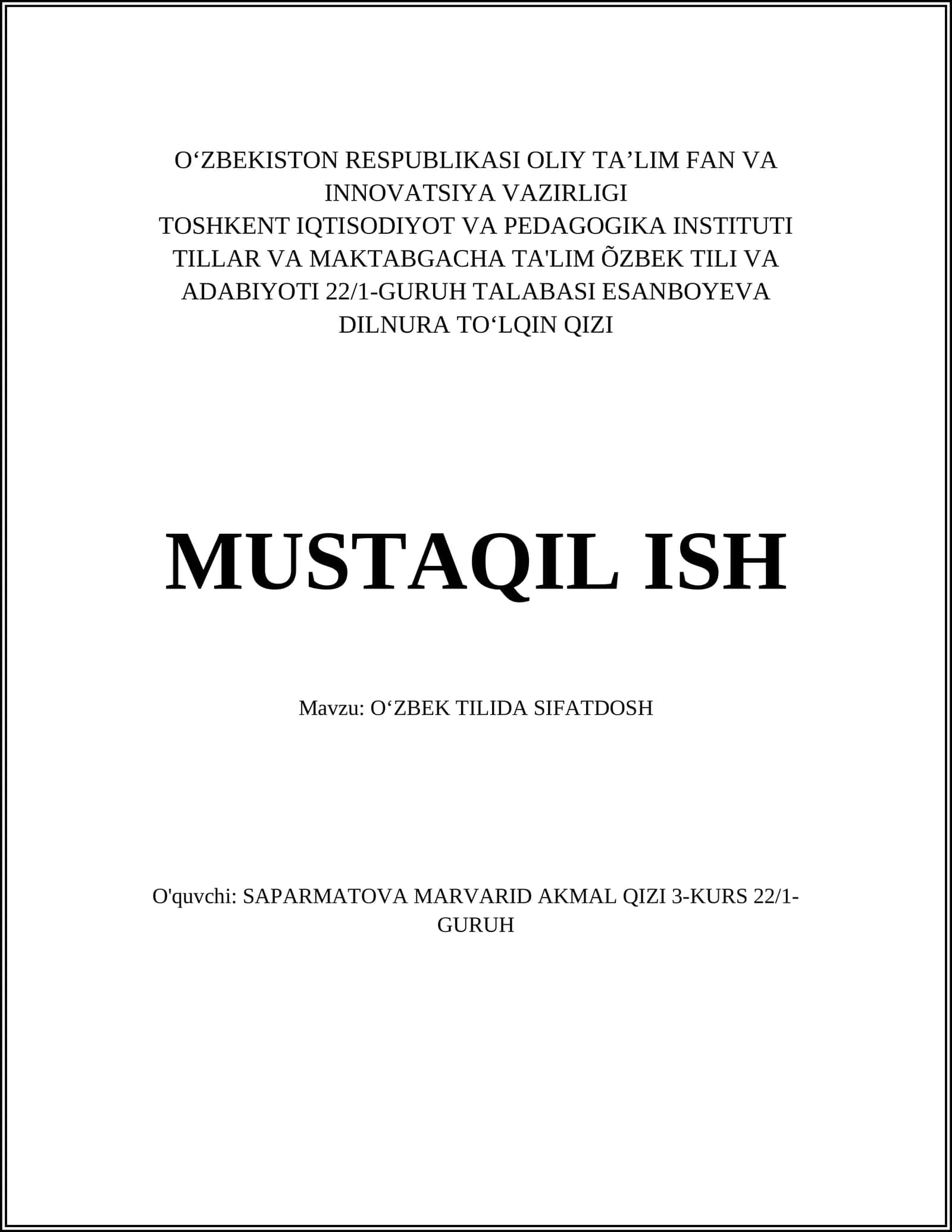 OʻZBEK TILIDA SIFATDOSH 1