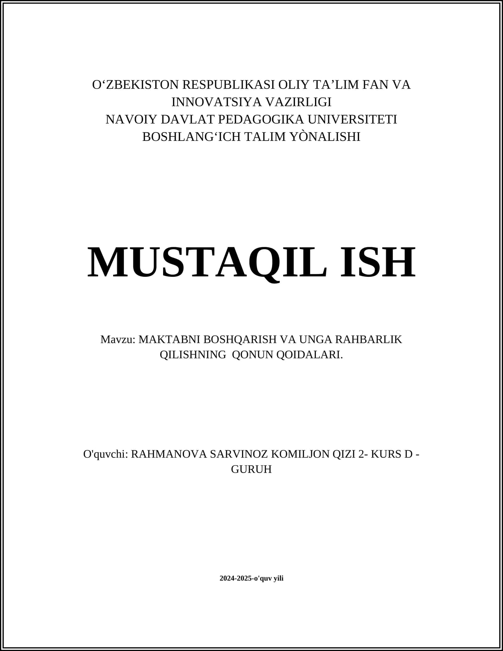 MAKTABNI BOSHQARISH VA UNGA RAHBARLIK QILISHNING QONUN QOIDALARI 1
