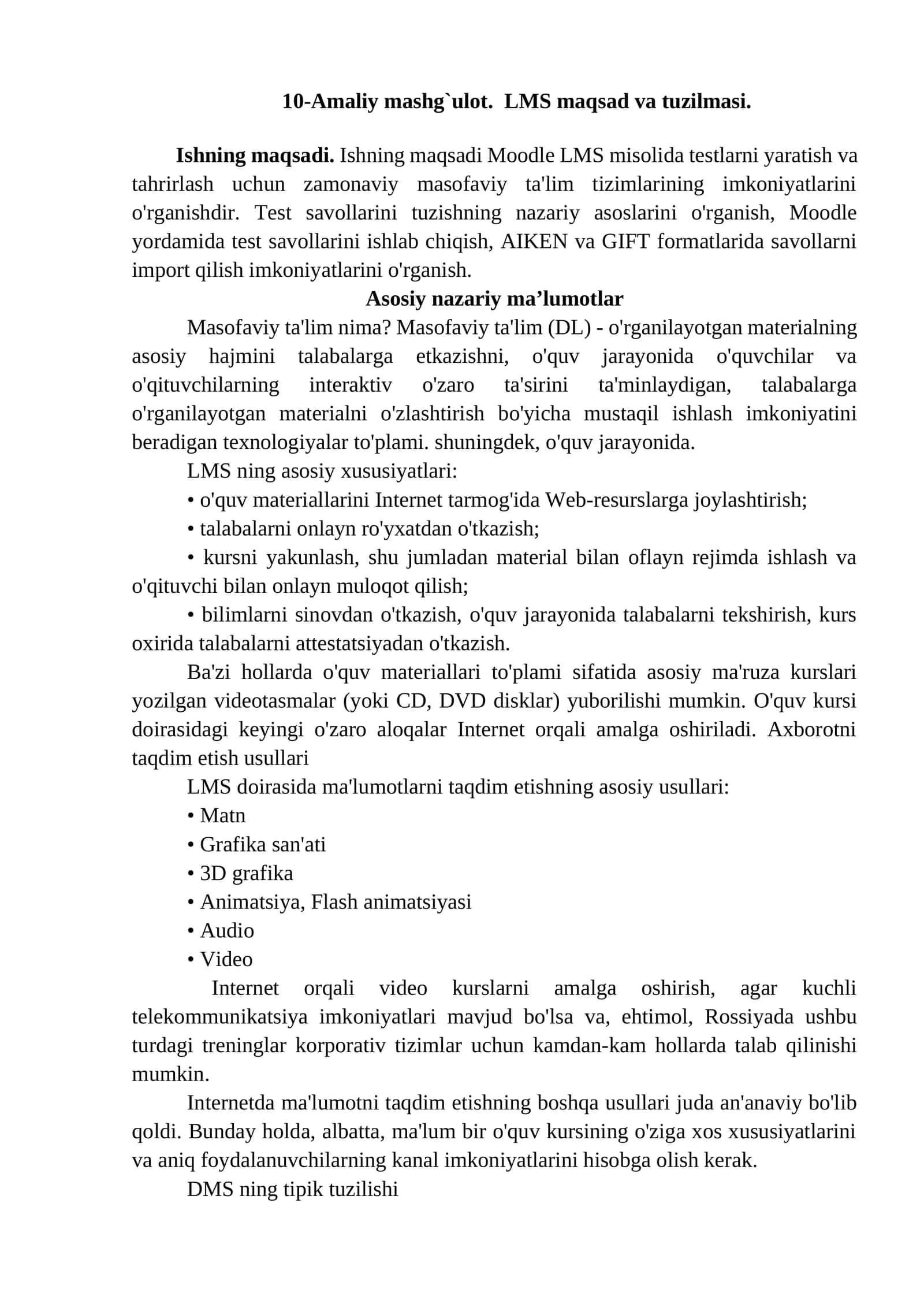 10-Amaliy mashg`ulot. LMS maqsad va tuzilmasi 1