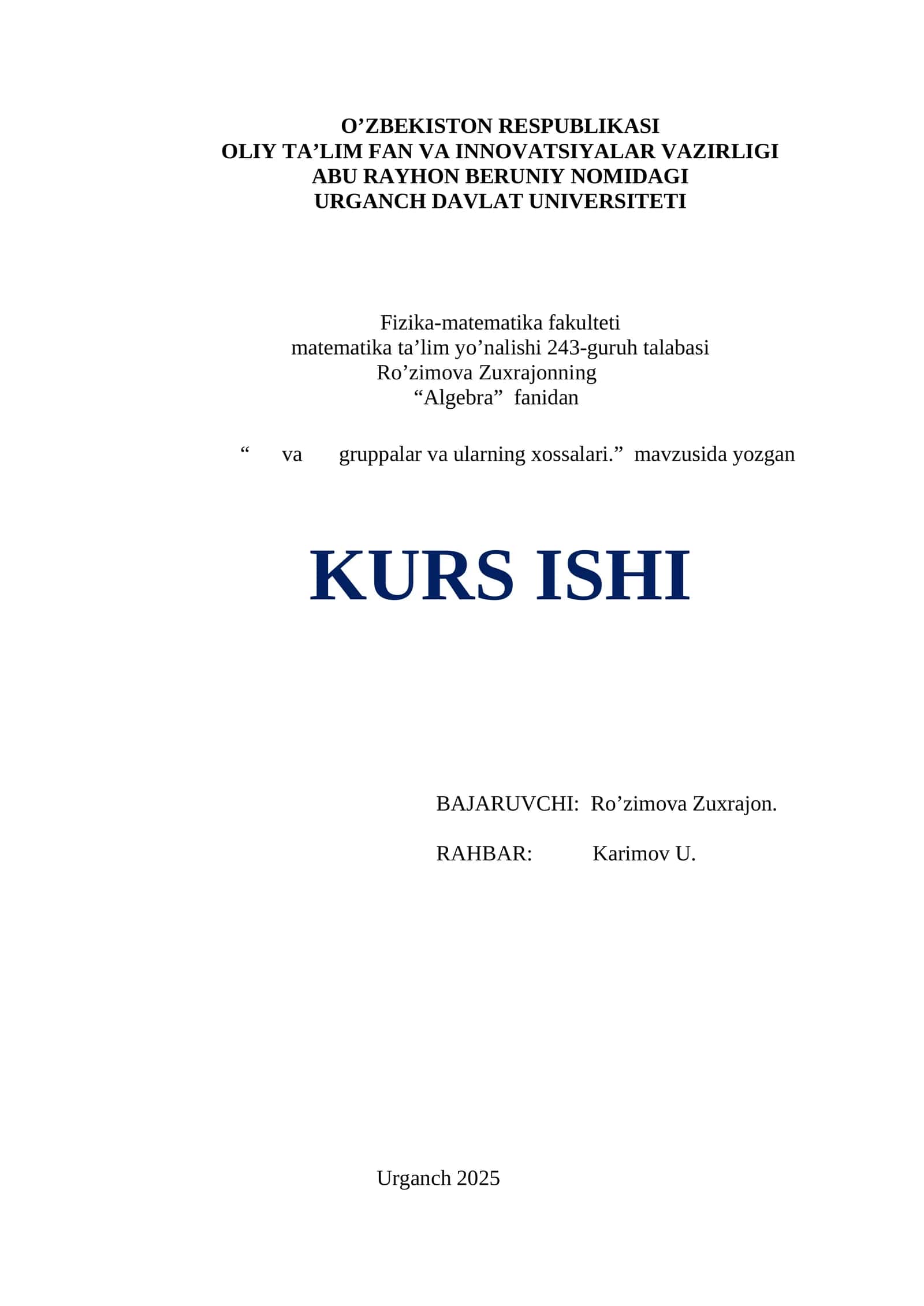 Algebra fanidan kurs ishi 1