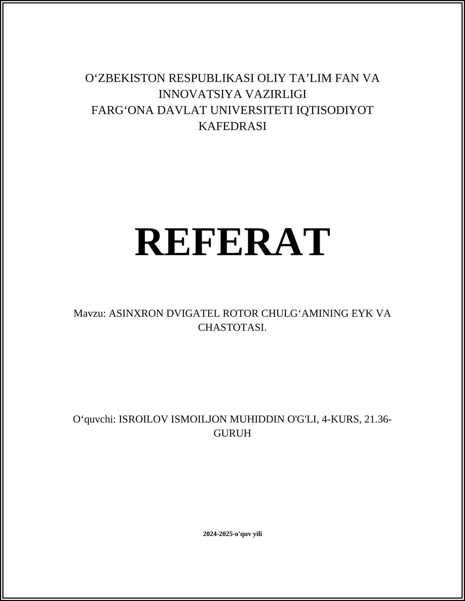 ASINXRON DVIGATEL ROTOR CHULG‘AMINING EYK VA CHASTOTASI 1
