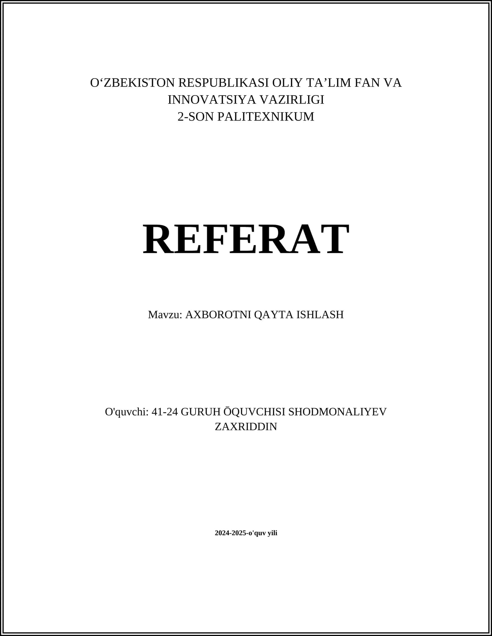 AXBOROTNI QAYTA ISHLASH 1