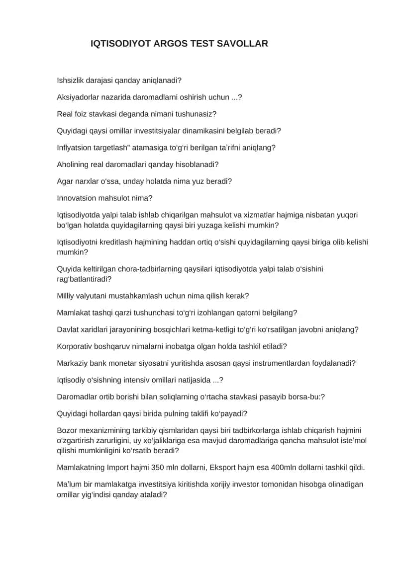 Iqtisodiyot ARGOS test savollari 1
