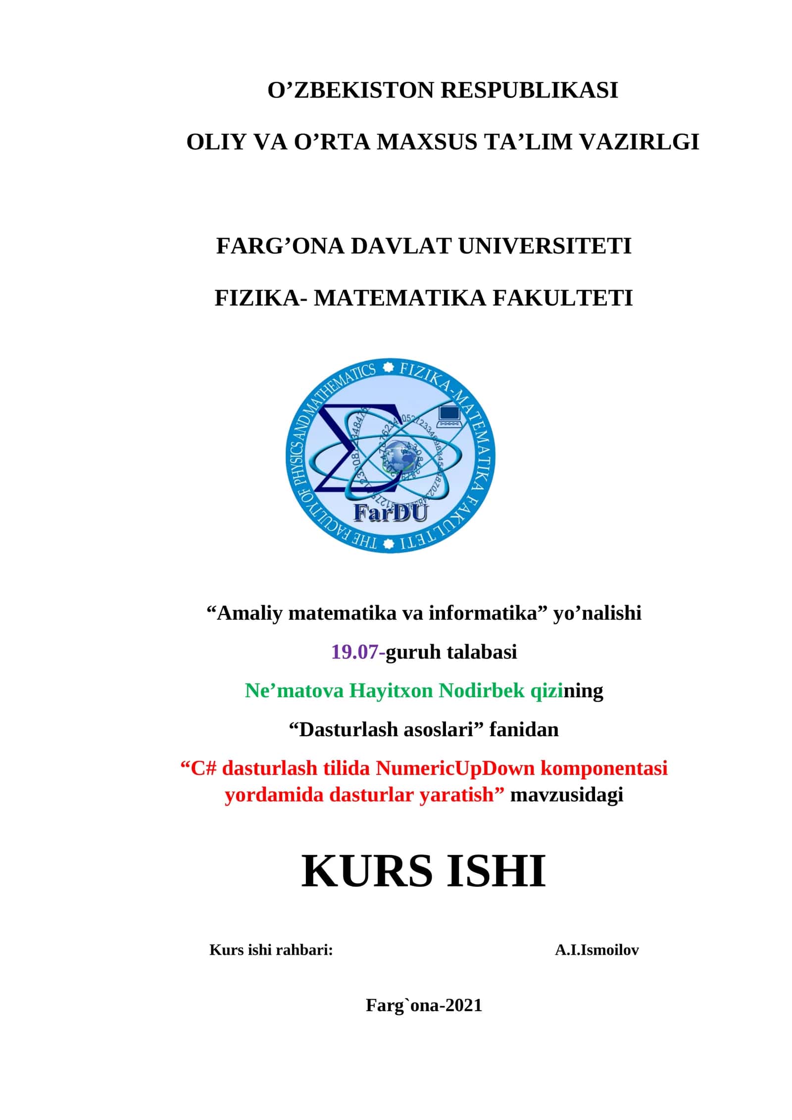 “С# dasturlash tilida NumericUpDown komponentasi yordamida dasturlar yaratish” 1