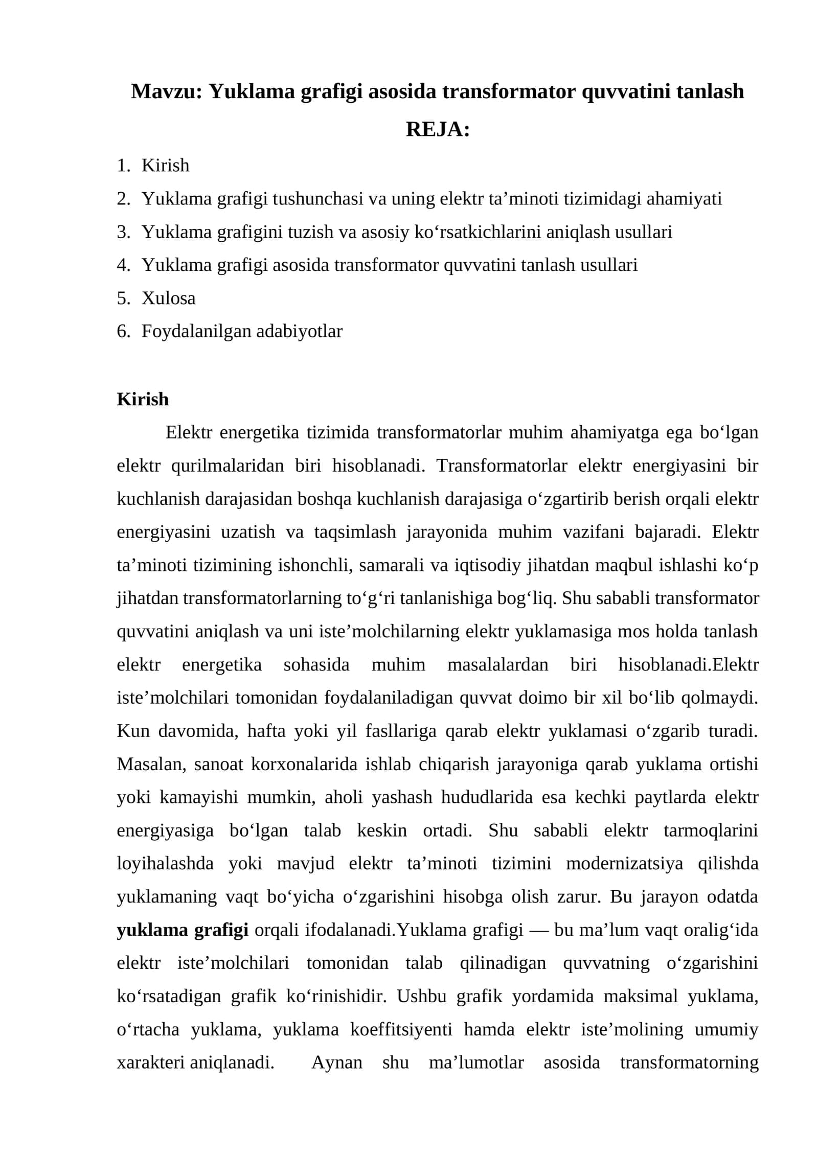 Yuklama grafigi asosida transformator quvvatini tanlash 1