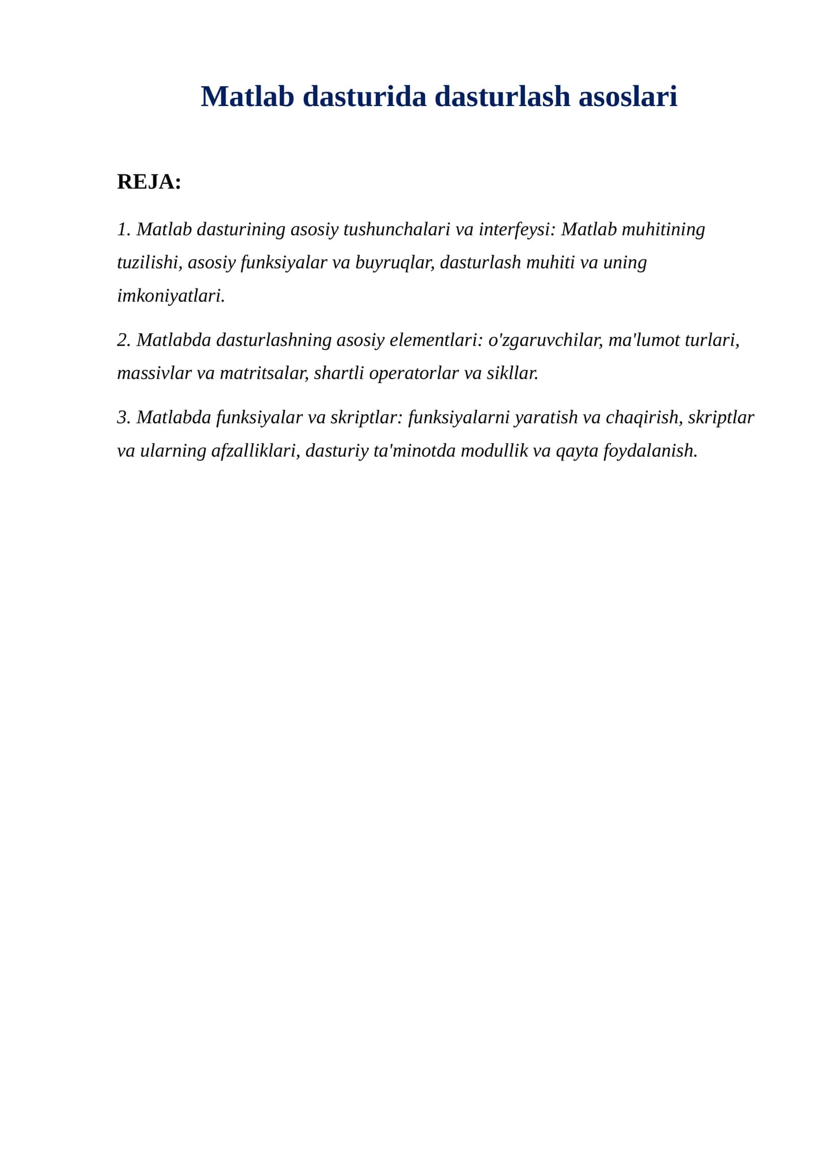 Matlab dasturida dasturlash asoslari 1