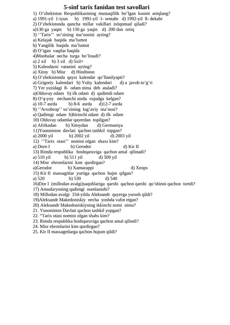 5-sinf tarix fanidan test savollari 1