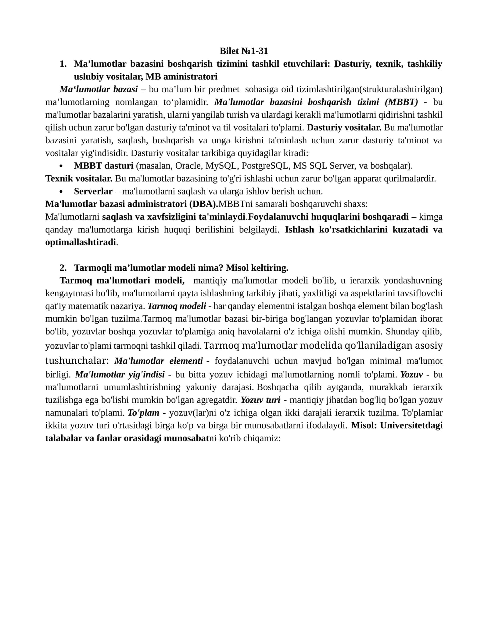 Ma’lumotlar bazasini boshqarish tizimi (MBBT) 1