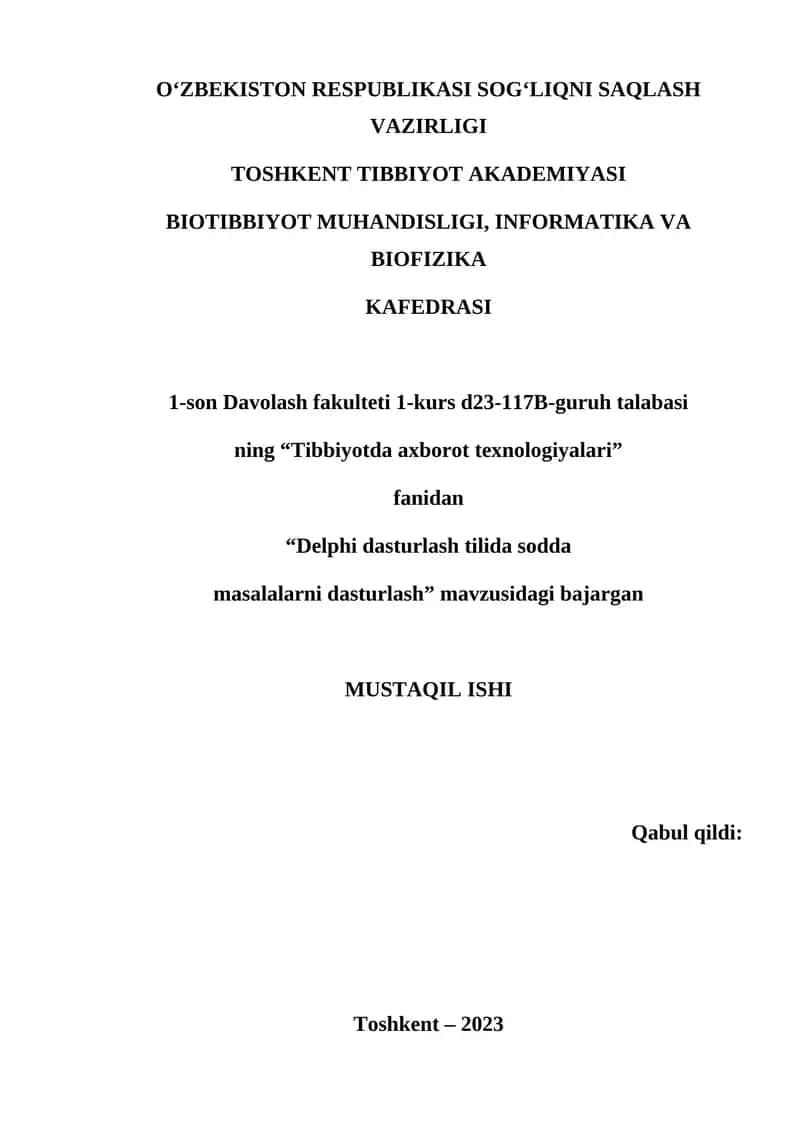 Delphi dasturlash tilida sodda masalalarni dasturlash 1
